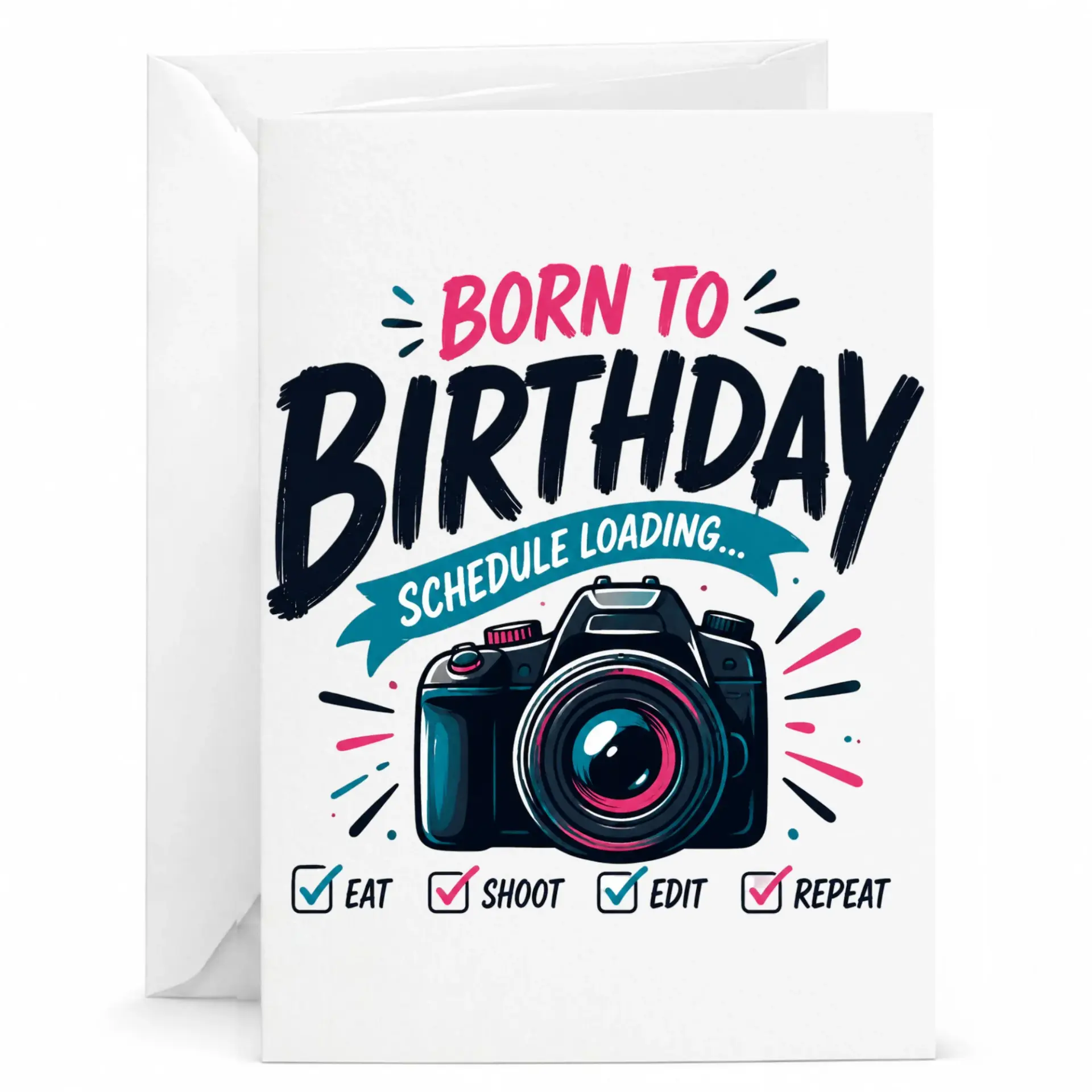 Funny Birthday Card for Photographer, Eat Shoot Edit Repeat Camera Lover Greeting Card with Matching Envelope