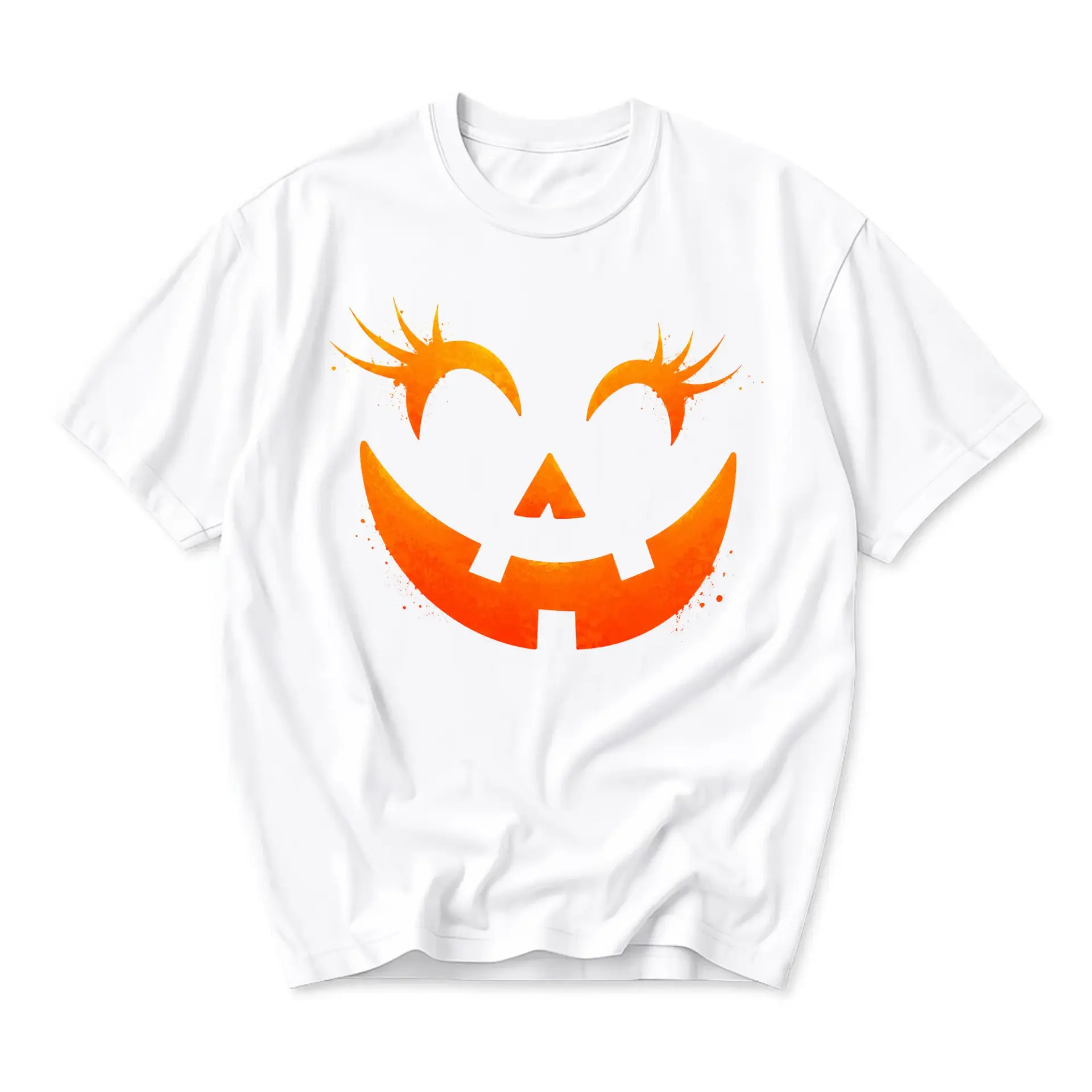 Graphic Tee Unisex Crew Neck Short Sleeve Shirt Featuring Artistic Orange Jack O Lantern Face Print for Casual Wear
