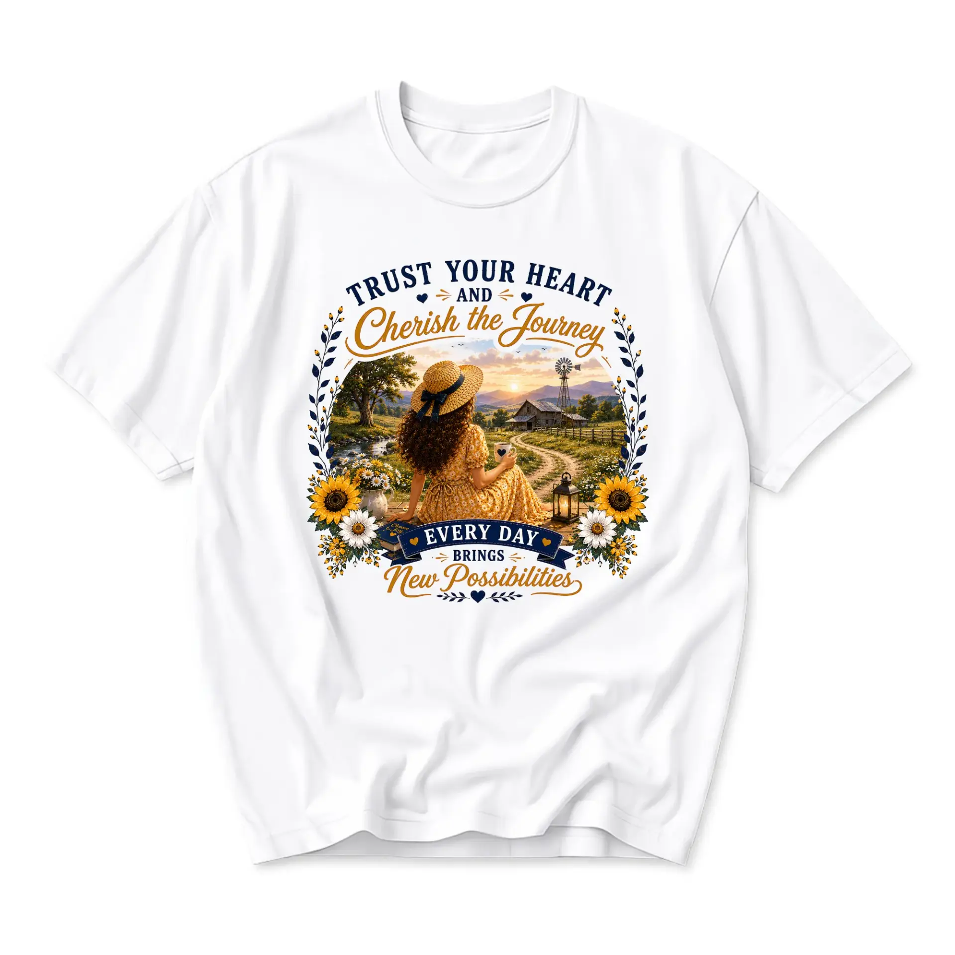 Graphic Tee Trust Your Heart and Cherish the Journey Inspirational Nature Art Unisex Casual Crew Neck Soft Cotton Shirt