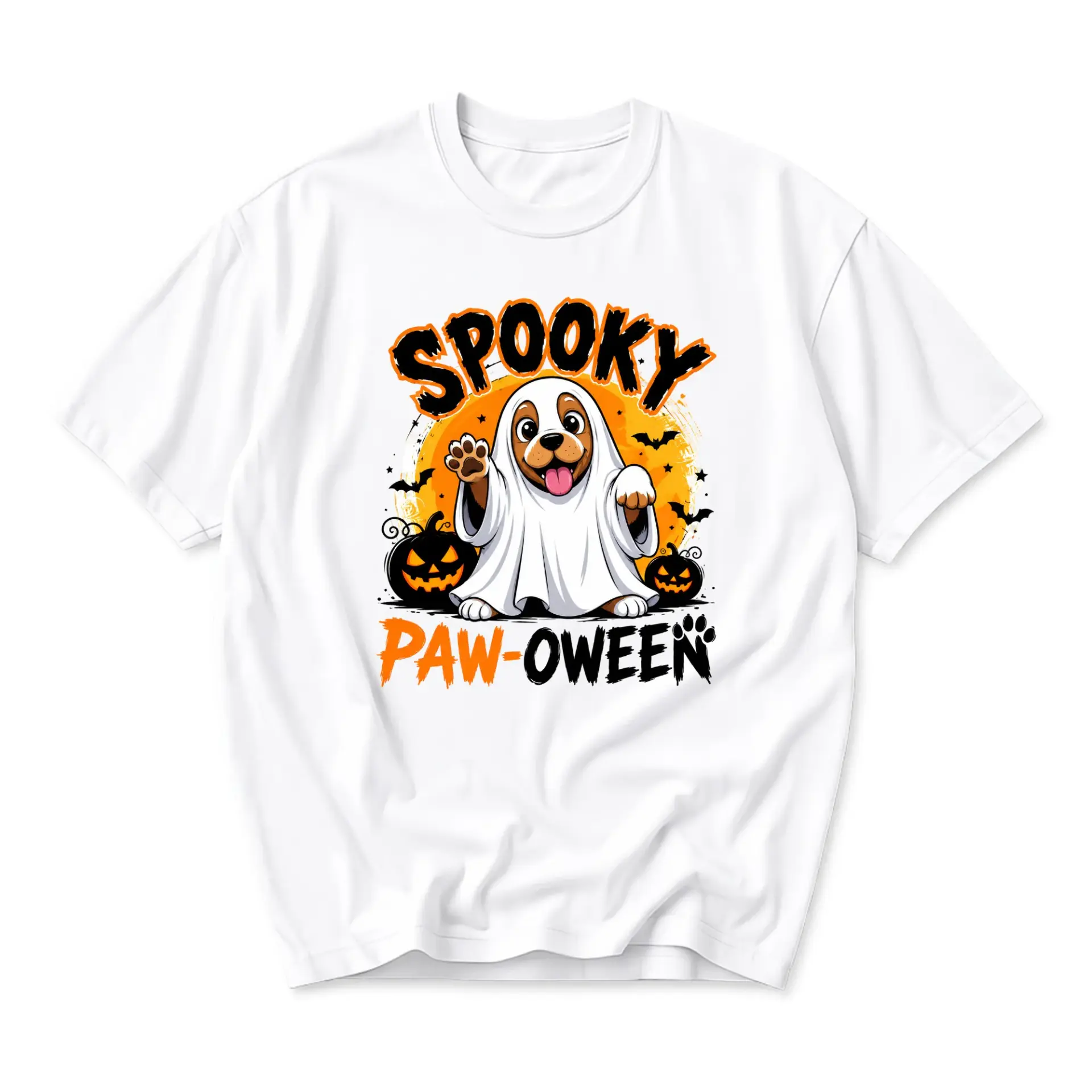 Funny Shirt Spooky Paw-Oween Ghost Dog Graphic Tee Unisex Crew Neck Casual Cotton Blend Summer Holiday Outfit