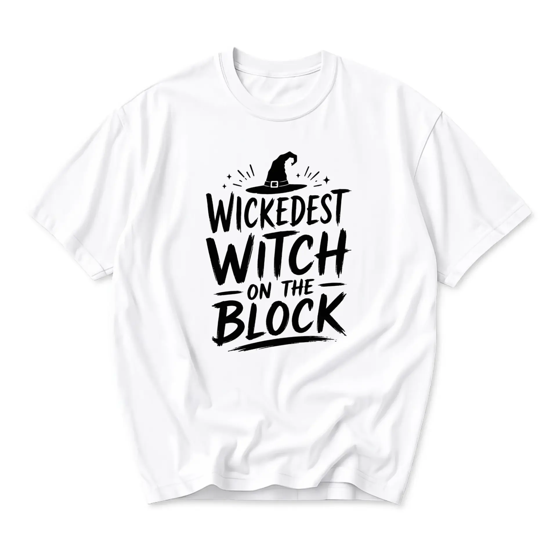 Graphic Tee Unisex Crew Neck T-Shirt Featuring Wickedest Witch on the Block Text Design for Seasonal Casual Wear