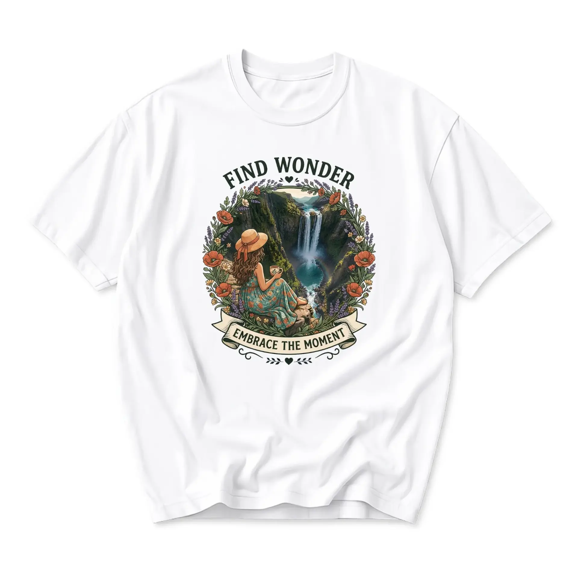 Graphic Tee Find Wonder Embrace the Moment Nature Lover Unisex Short Sleeve Crew Neck Casual Cotton Shirt White