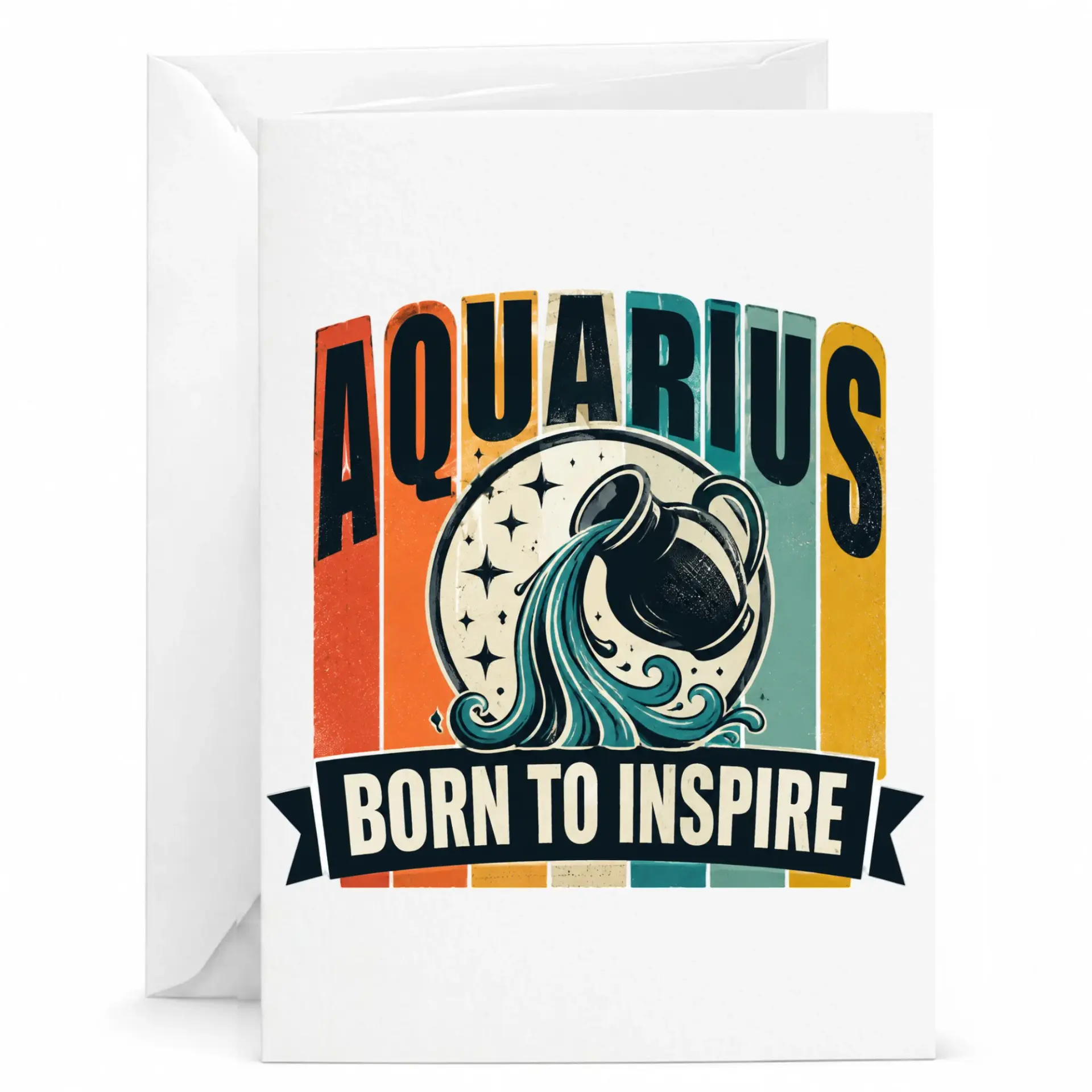 Birthday Greeting Card for Aquarius Zodiac Sign with Vintage Retro Style Graphic Design and Born to Inspire Quote