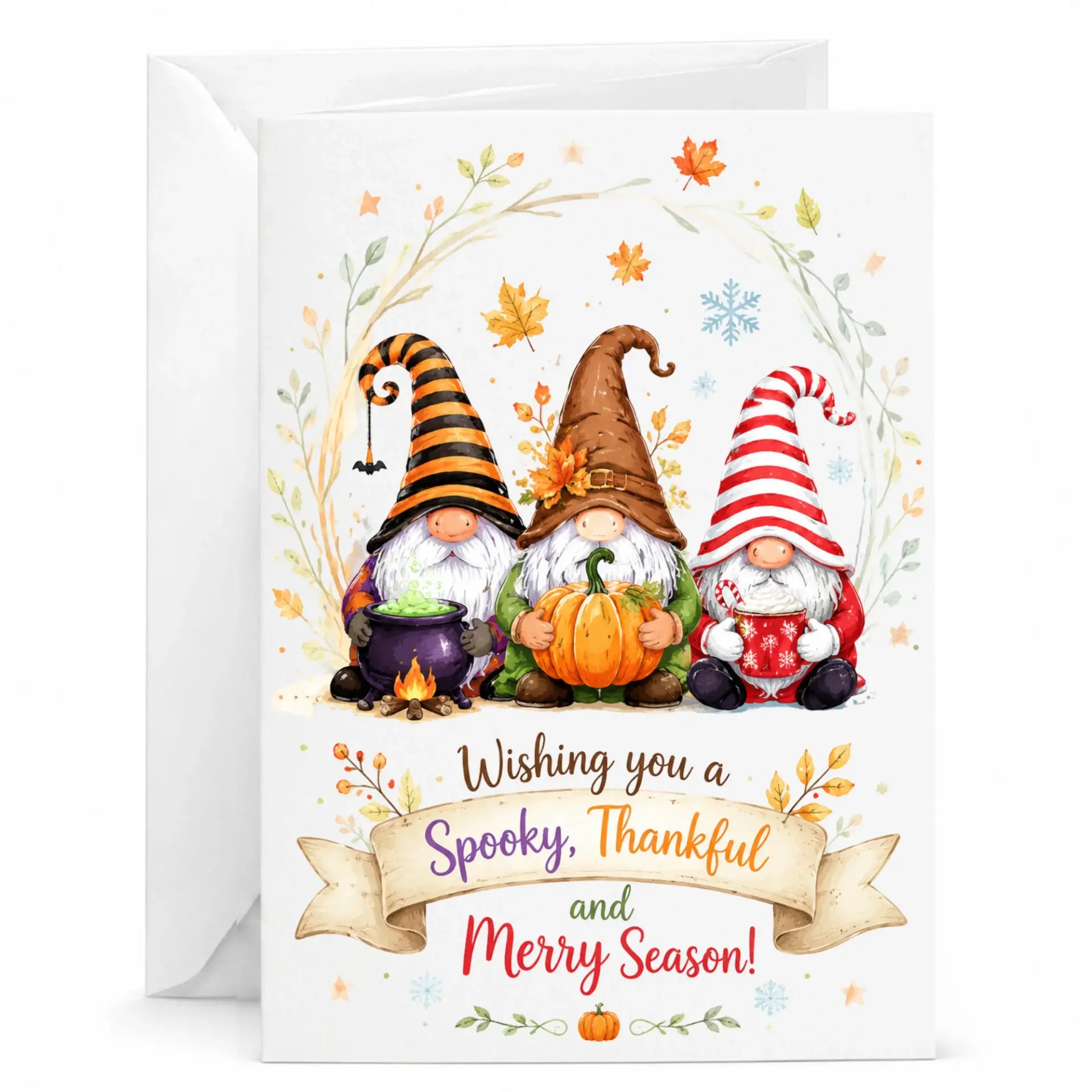 Greeting Card Wishing You a Spooky Thankful and Merry Season Featuring Three Whimsical Fall and Winter Holiday Gnomes