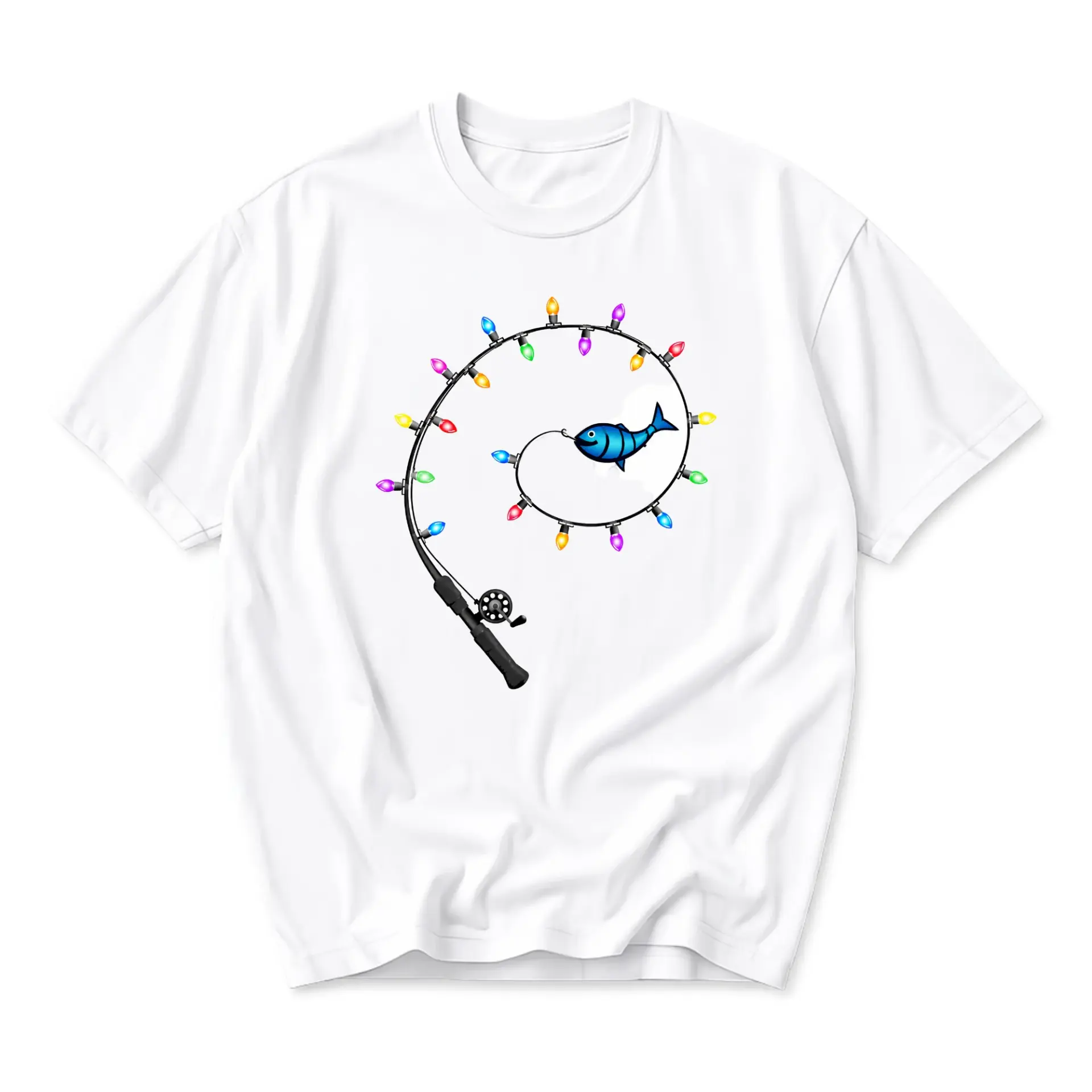 Graphic Tee Unisex Fishing Pole with Christmas Lights Print Casual Short