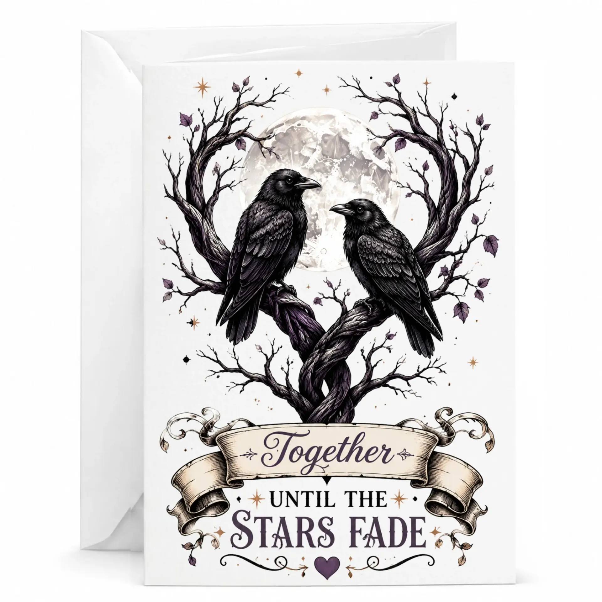 Greeting Card Together Until the Fade Design Featuring Two Ravens in a Moonlit Tree Gothic Romantic Art