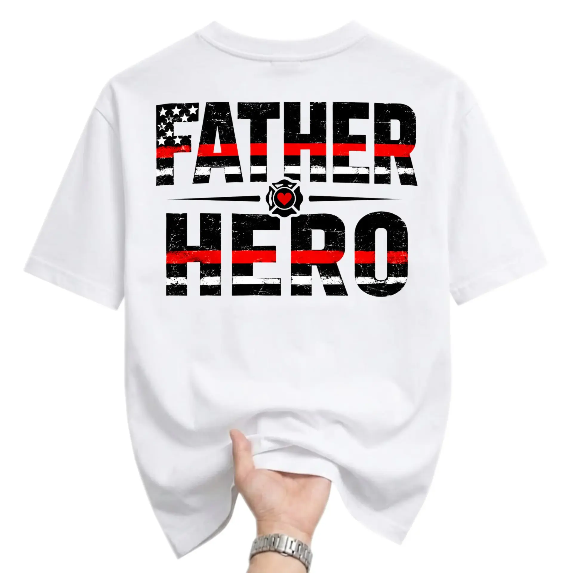 T-shirt Father Hero Graphic Tee White Short Sleeve Crew Neck Cotton Blend Apparel for Firefighter Supporters