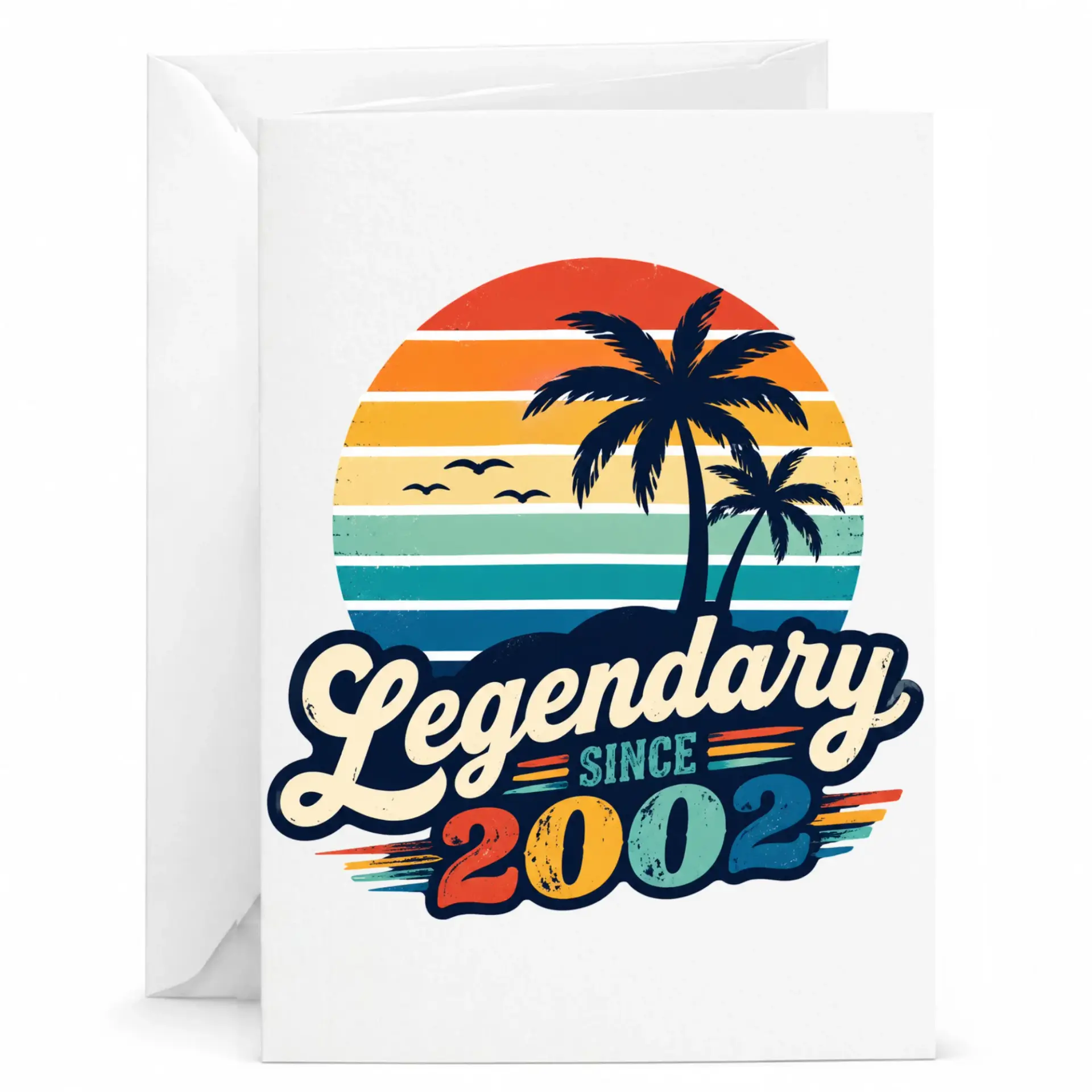 Greeting Card Legendary Since 2002 Vintage Sunset Palm Tree Design for Milestone Birthday and Anniversary Celebrations