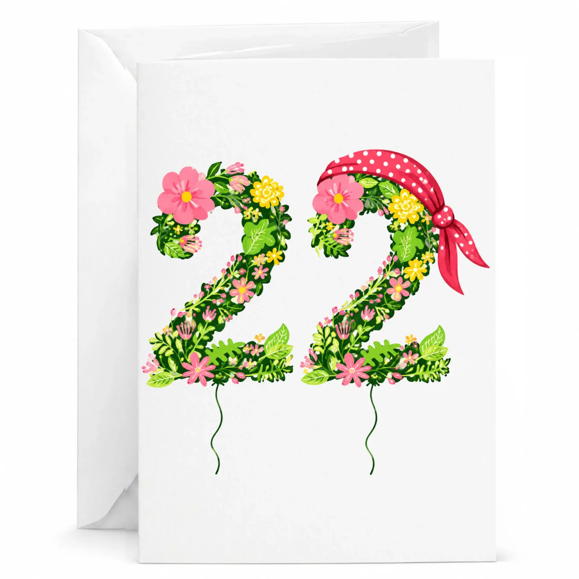 Birthday Card 22nd Birthday Floral Number Design Botanical Greeting Card with Envelope for Special Milestone Celebration