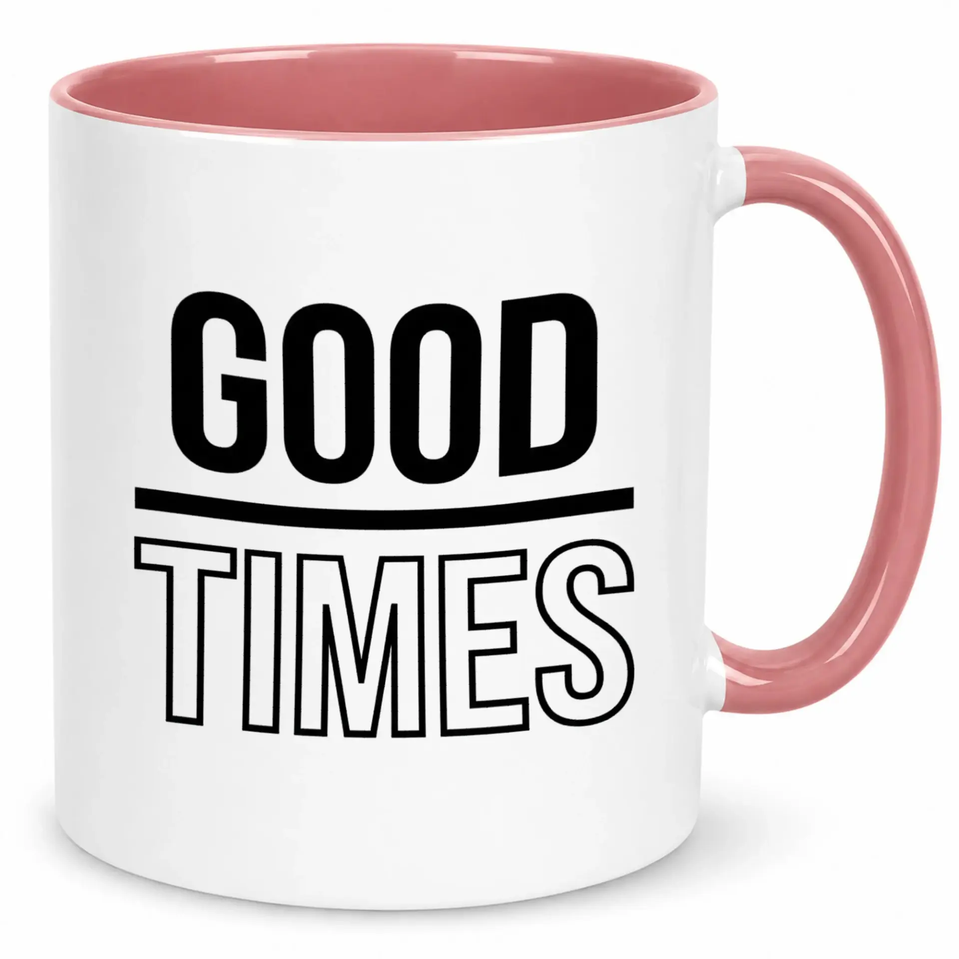 Ceramic Coffee Mug with Good Times Typography Design, 11oz or 15oz White & Pink Accent Drinkware for Daily Use, Positive Message Gift