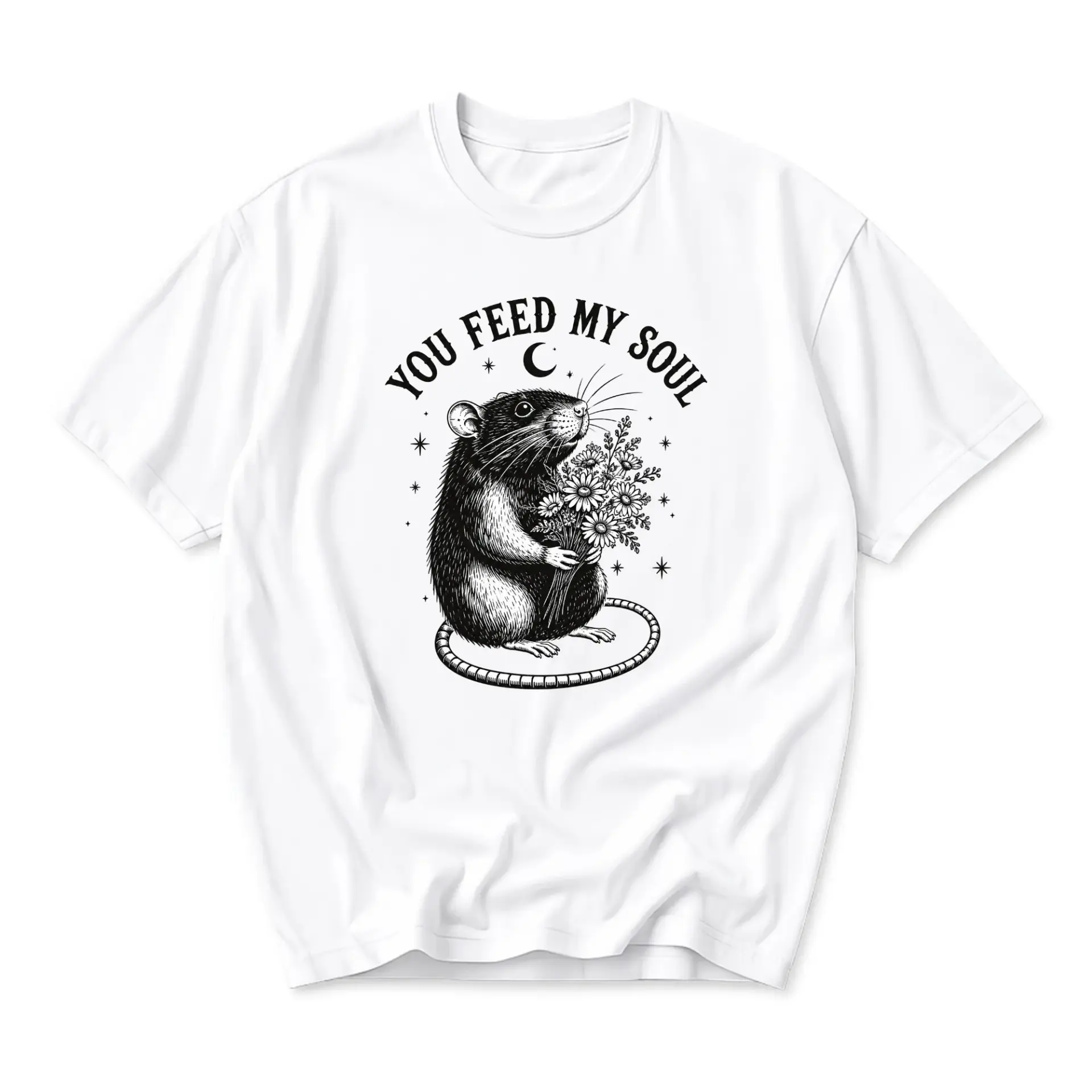Graphic Tee You Feed My Soul Rat with Flowers Illustration Unisex Cotton Crew Neck Casual Short Sleeve Shirt