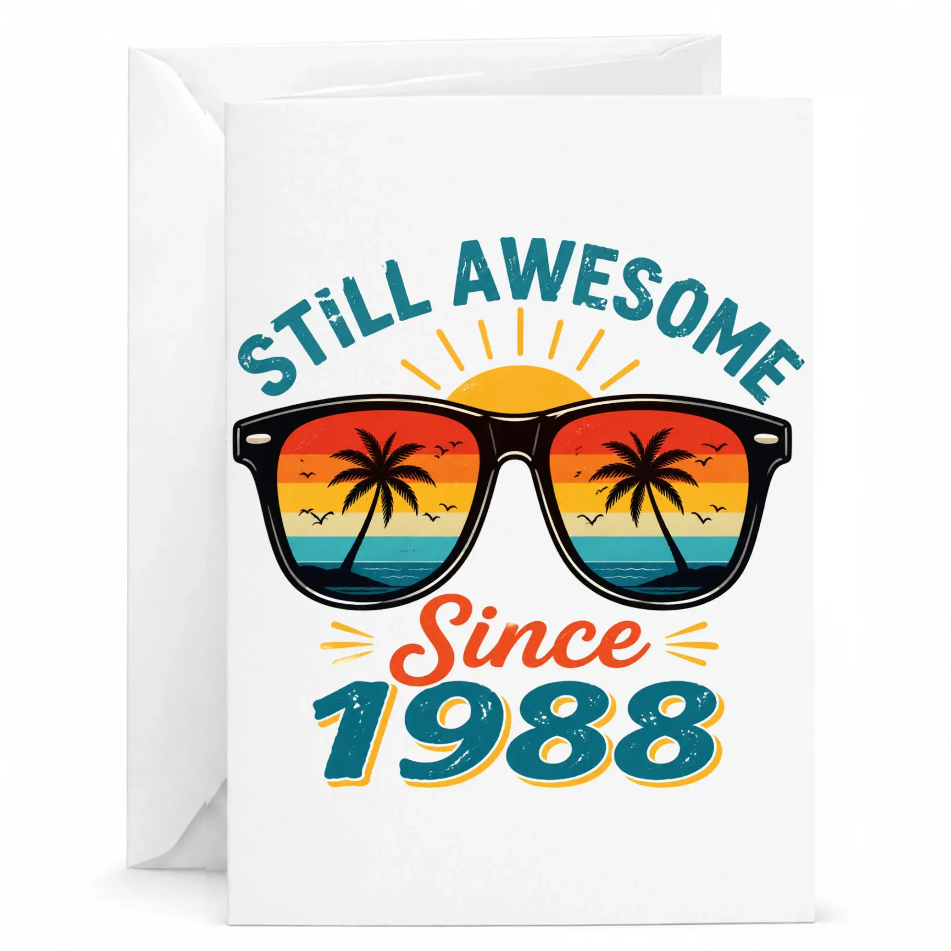 Birthday Card Still Awesome Since 1988 Vintage Tropical Sunglasses Graphic Greeting Card for Milestone Year Celebration