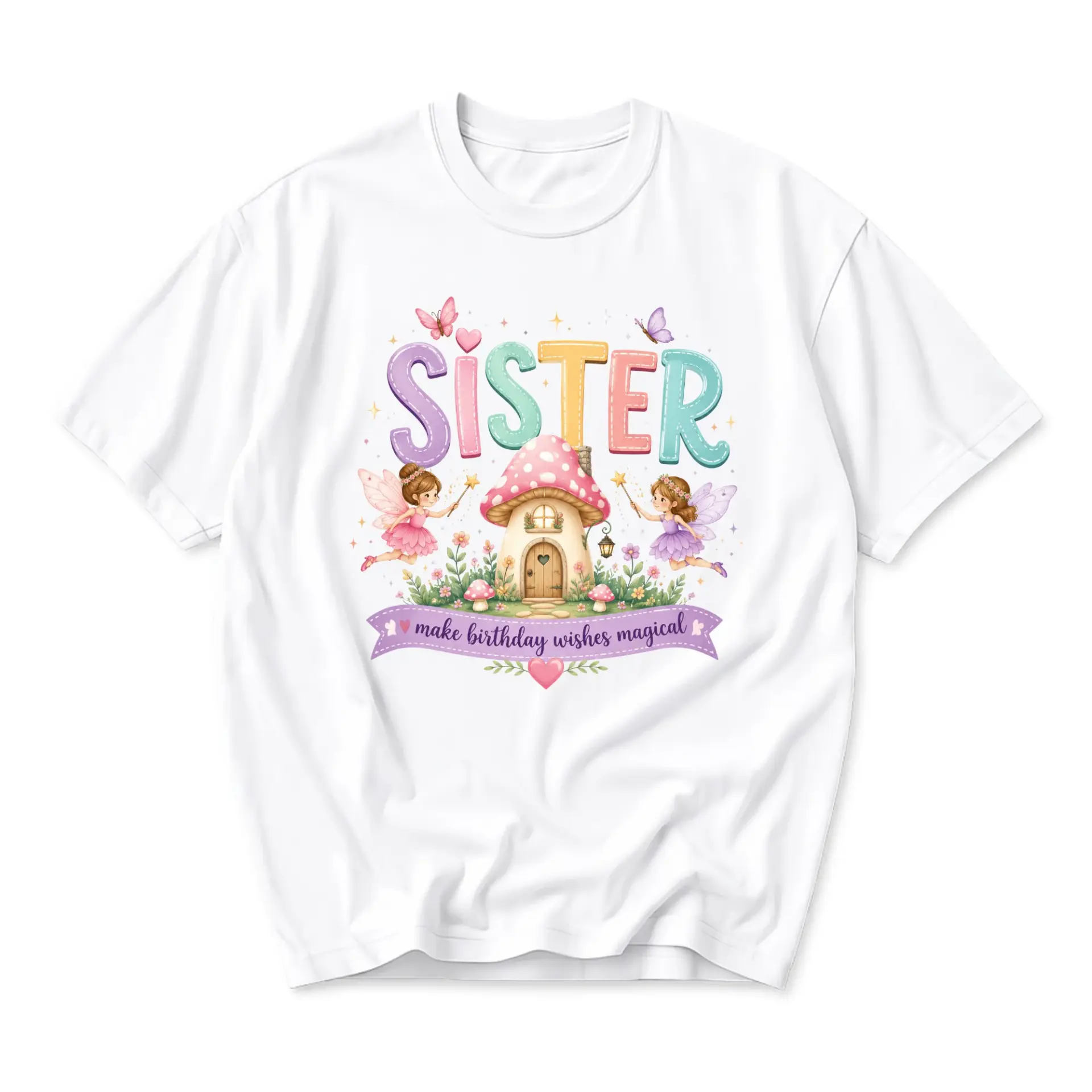 Graphic Tee Sister Make Birthday Wishes Magical Fairy Mushroom Art Unisex Crew Neck Short Sleeve Casual Cotton Shirt