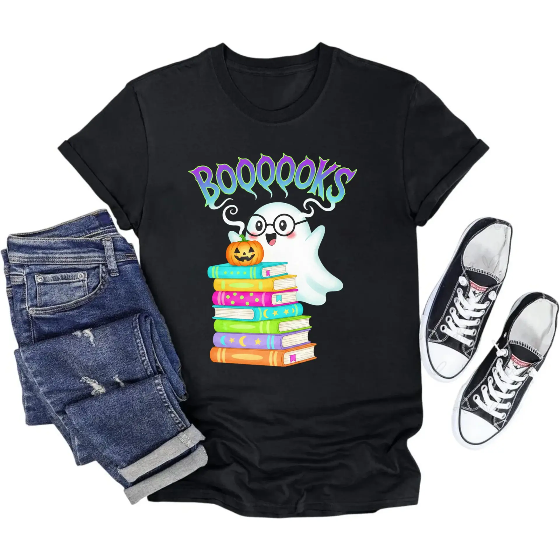 Funny Booqooks Graphic Tee Unisex Crew Neck Short Sleeve Shirt for Casual Fall Season Reading and Ghost Lovers