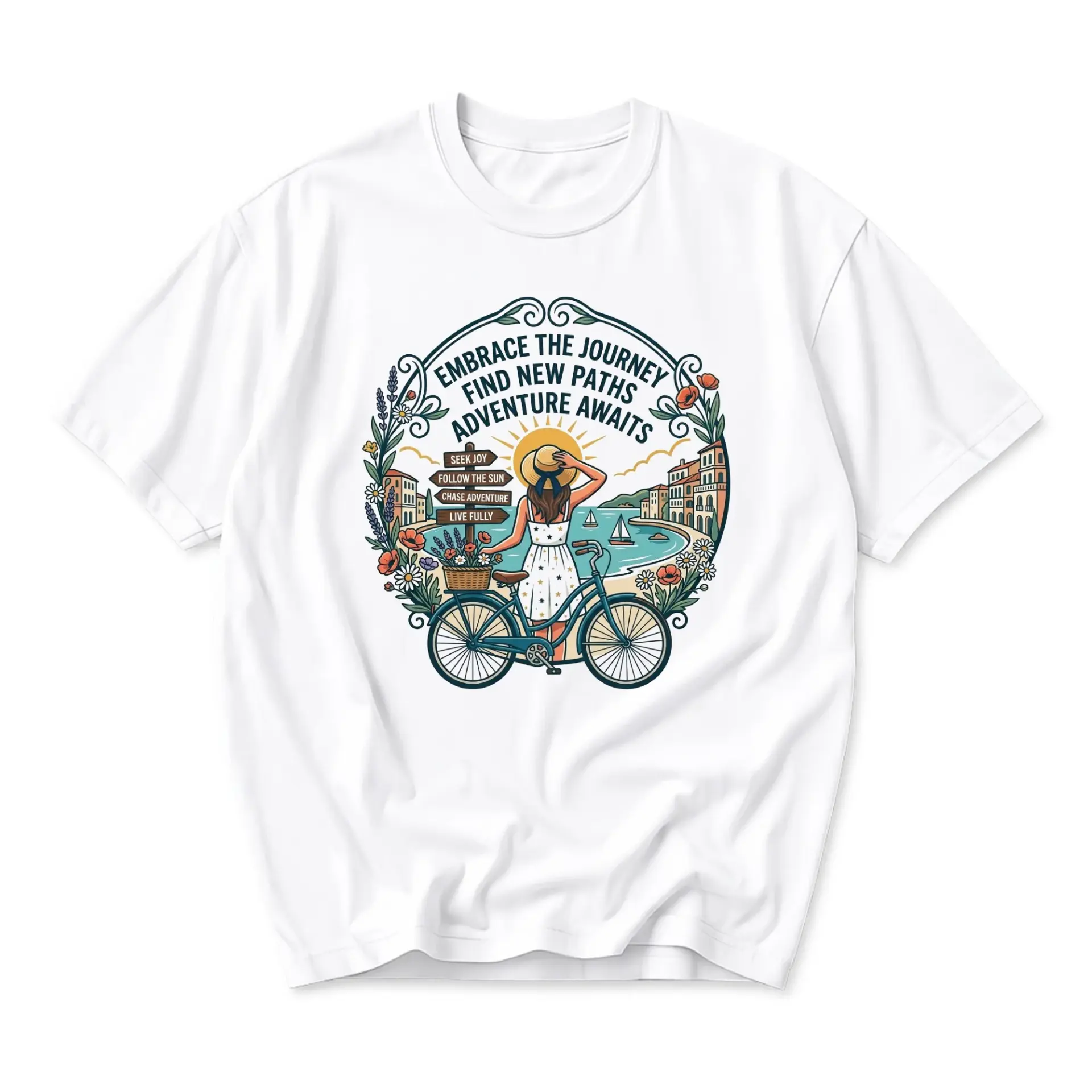 T-shirt Embrace the Journey Graphic Tee Featuring a Woman with a Bicycle and Scenic Coastal Travel Illustration