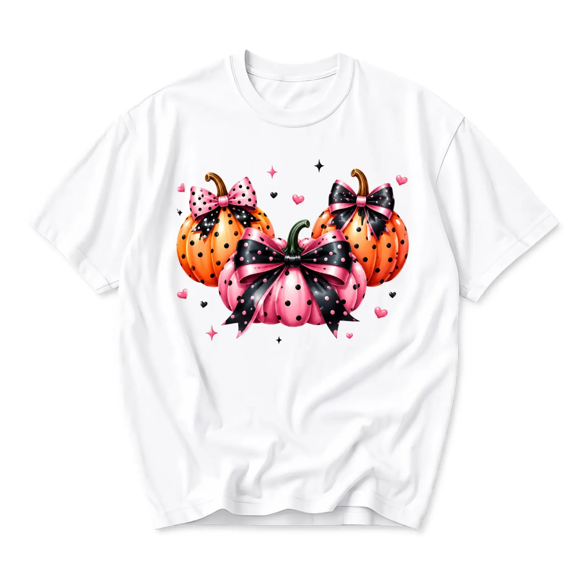 Graphic Tee Unisex Crew Neck T-Shirt Featuring Festive Polka Dot Pumpkins with Decorative Bows Fall Seasonal Apparel