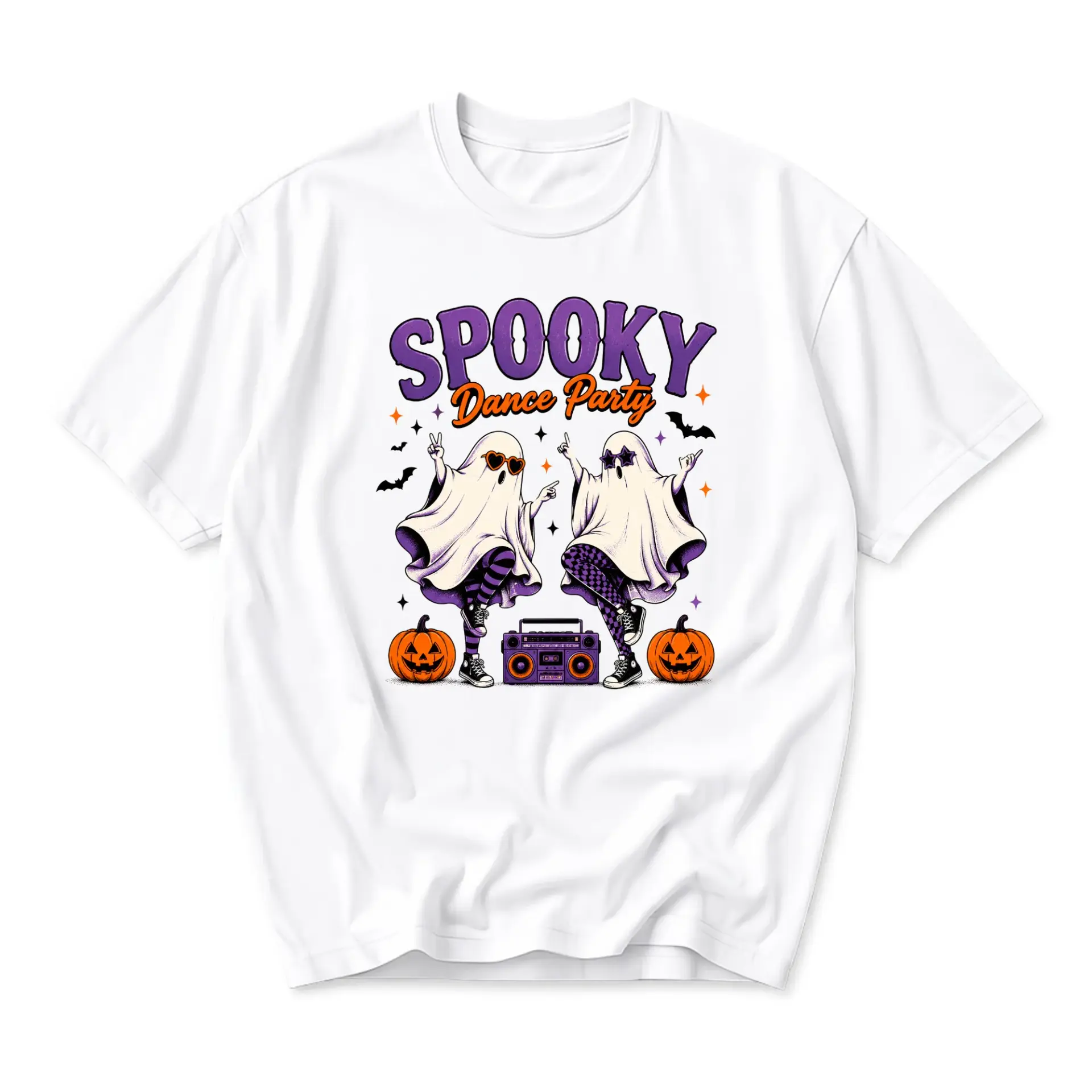 Graphic Tee Spooky Dance Party Halloween Ghost Shirt Retro Style Unisex Cotton Blend Short Sleeve Crew Neck Top