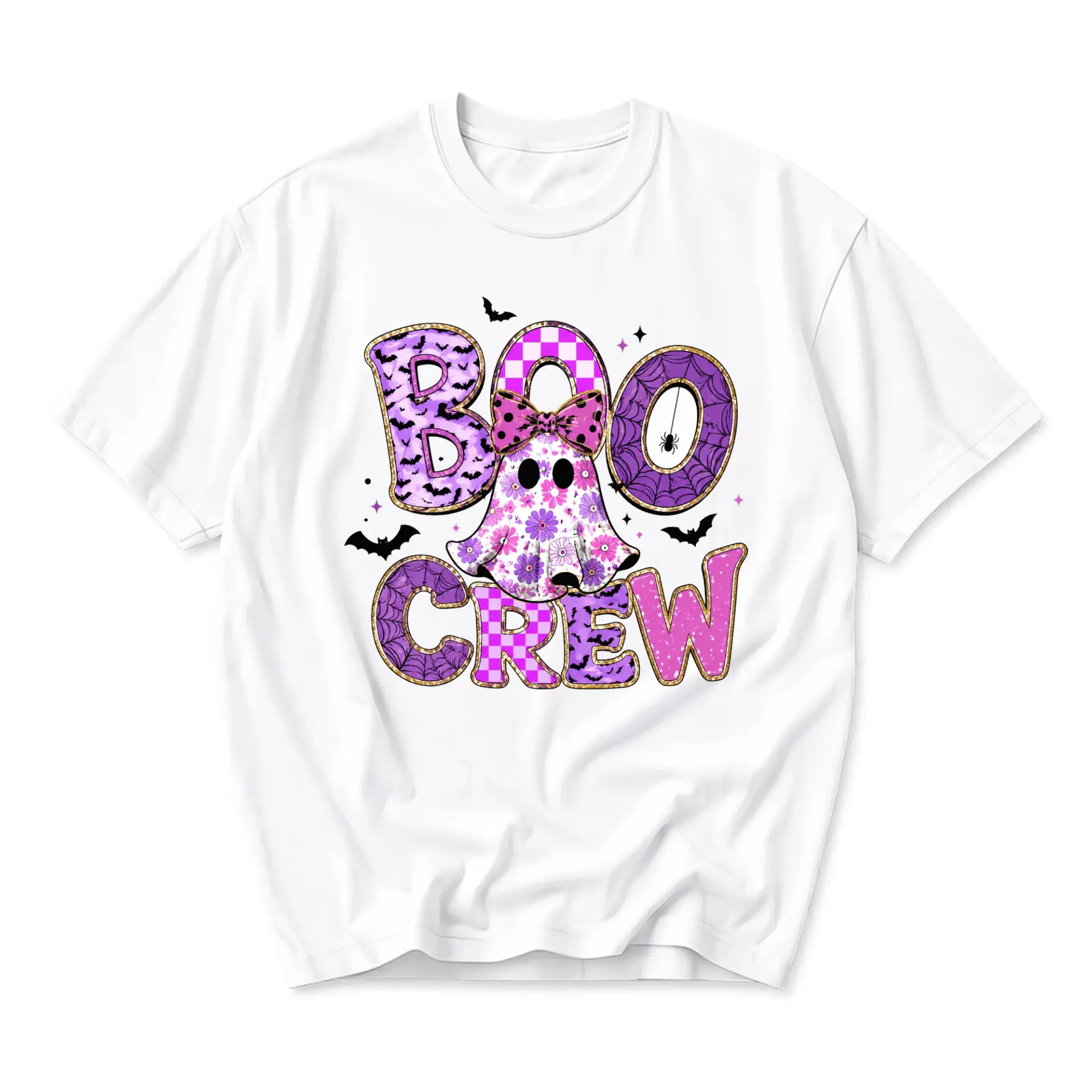 T-shirt Boo Crew Graphic Tee for Autumn Holiday Season Featuring Cute Ghost Design with Floral and Checkerboard Patterns