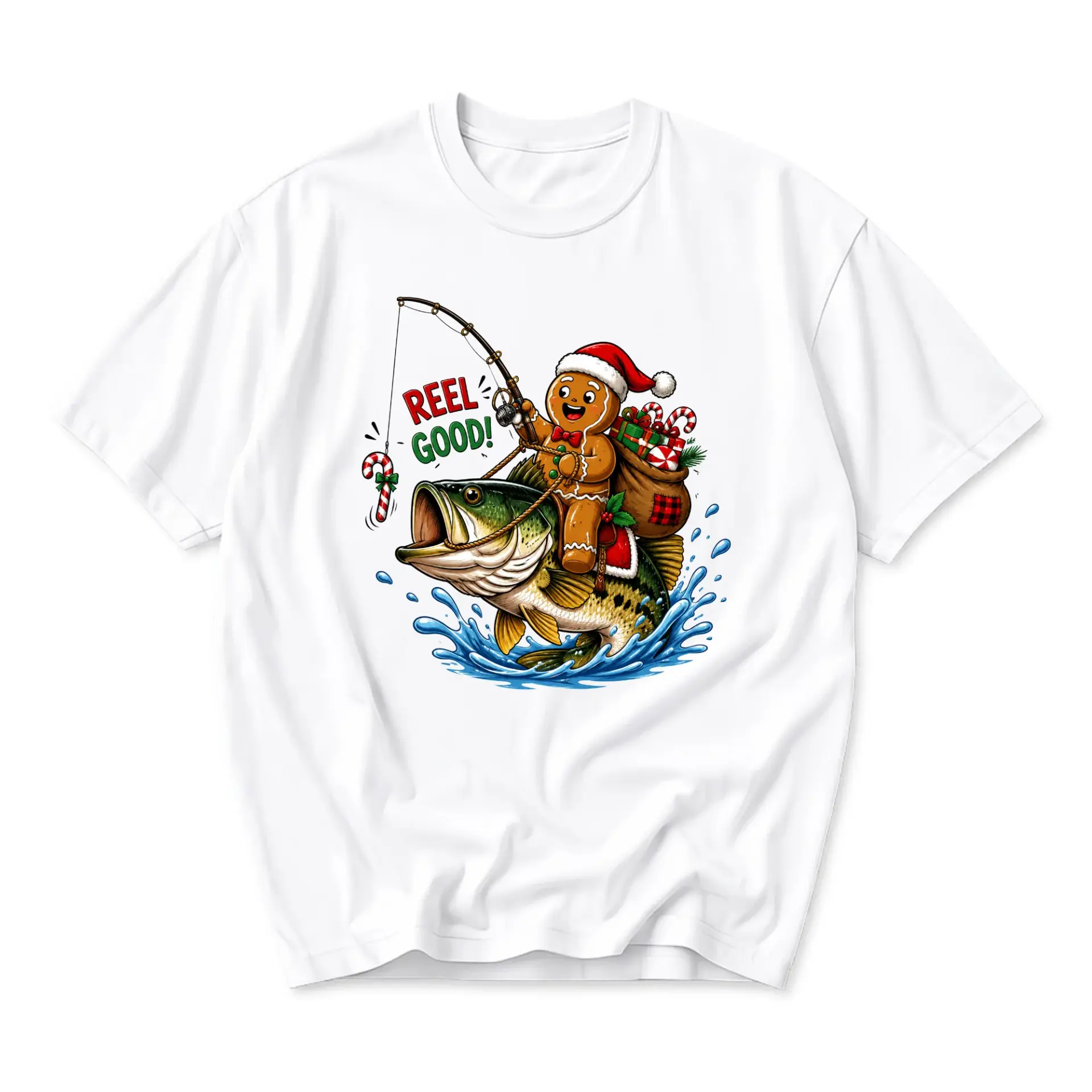 Funny Shirt Reel Good Gingerbread Man Fisherman Graphic Tee Unisex Holiday