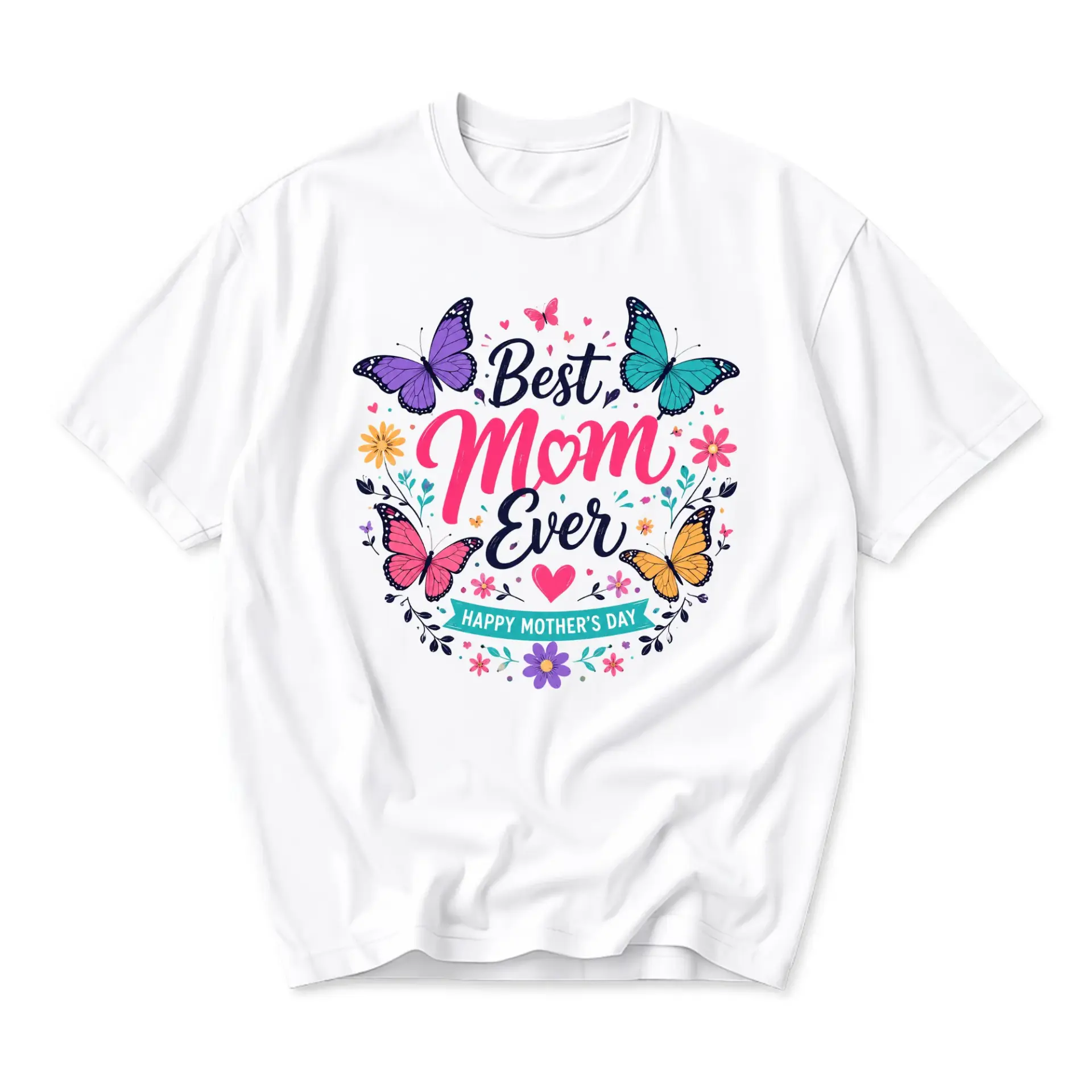 T-shirt Best Mom Ever Graphic Tee Floral Butterfly Design Casual Unisex Crew Neck Top Comfortable Everyday Shirt