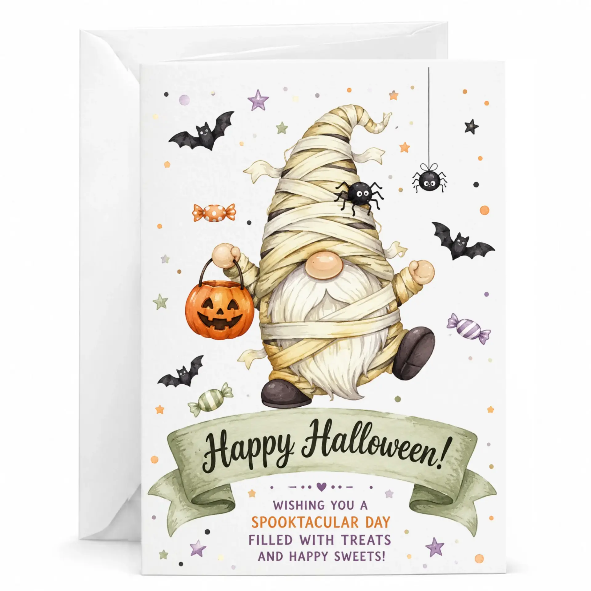 Greeting Card Happy Halloween Mummy Gnome Festive Seasonal Note for Friends Family and Loved Ones Five by Seven Inches