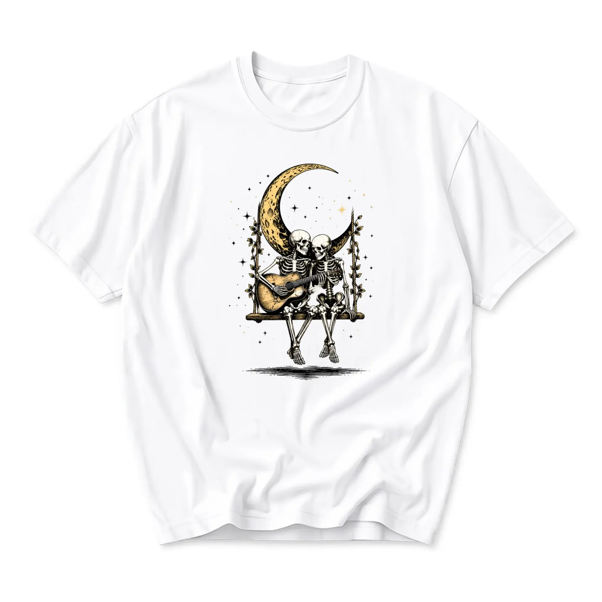 Graphic Tee Skeleton Couple Playing Guitar under Moon Unisex Crew Neck Short Sleeve Casual Cotton Blend Shirt