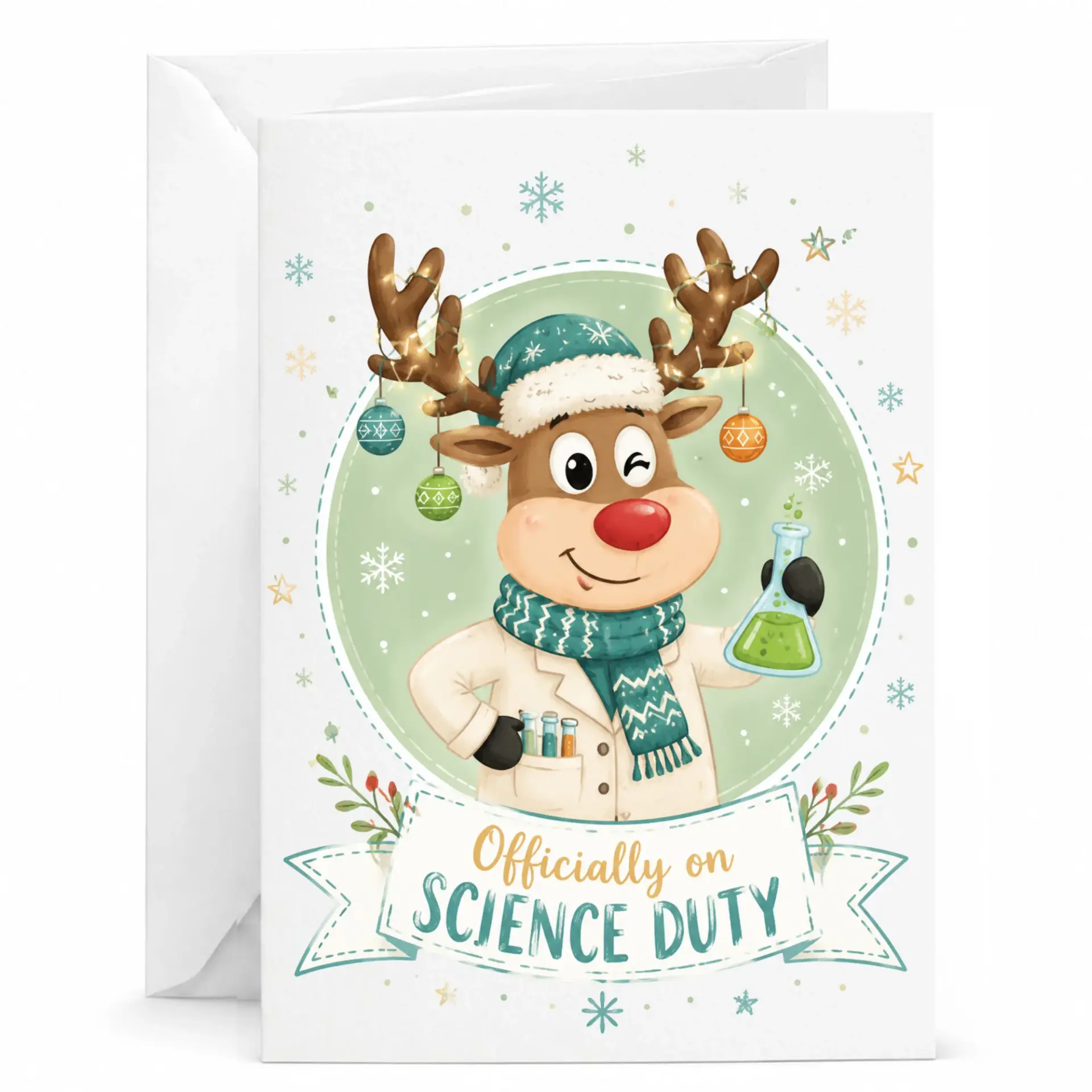 Funny Reindeer Scientist Greeting Card, Holiday Science Theme Stationery for Professionals, 5x7 Folded Note Card