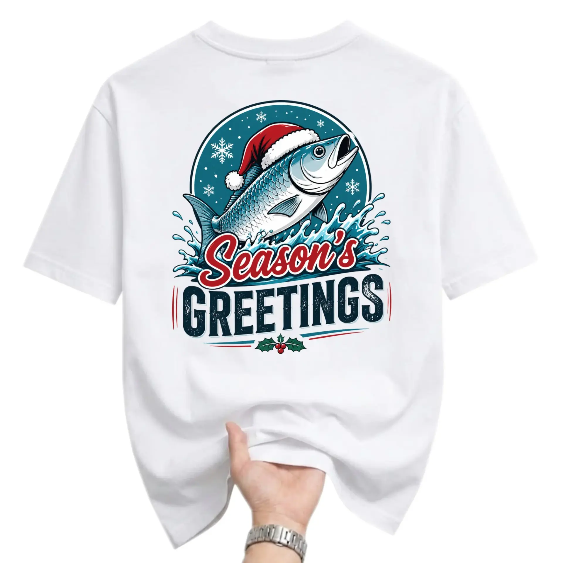 Funny Shirt Season's Greetings Fishing Christmas Graphic Tee for Holiday