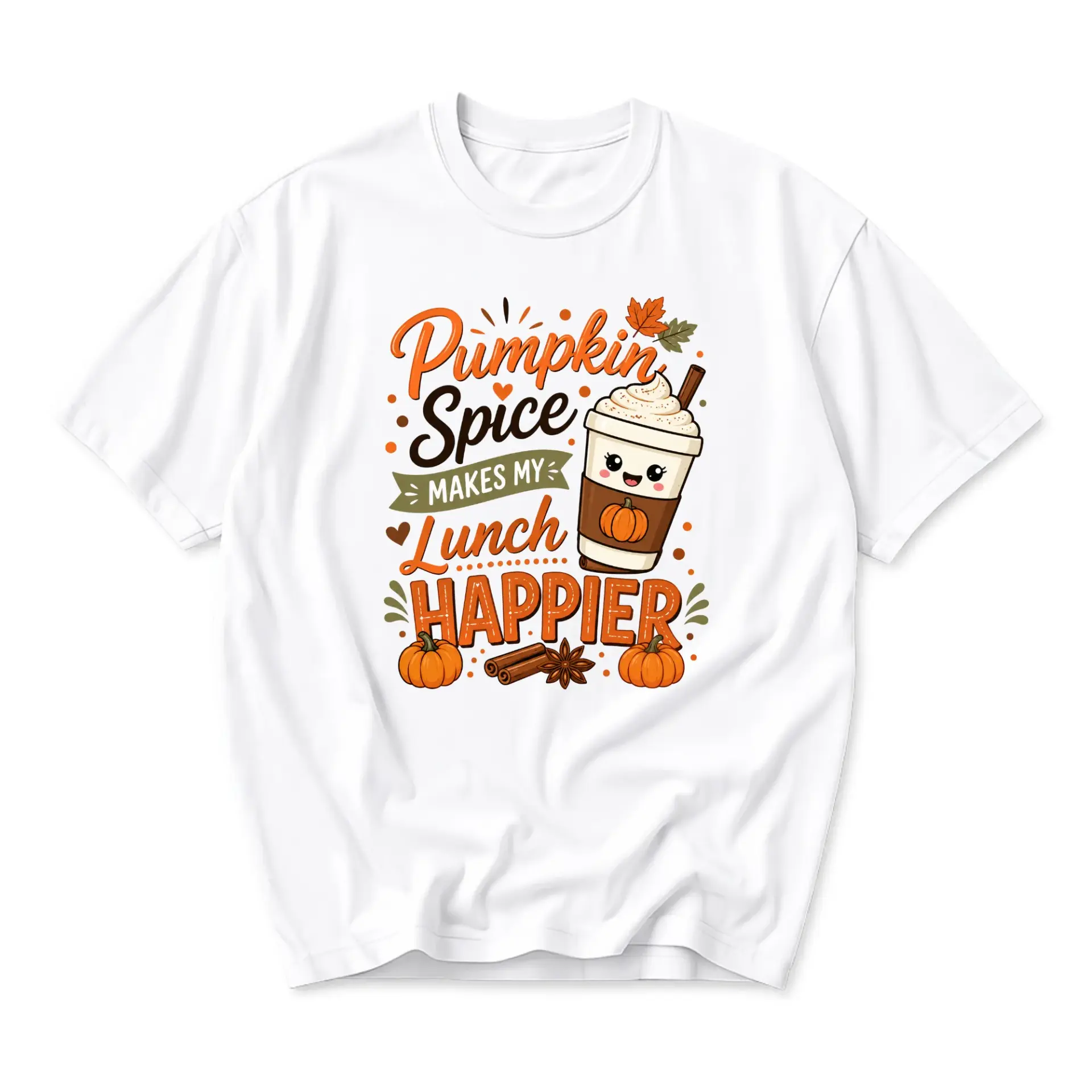 Funny Shirt Pumpkin Spice Makes My Lunch Happier Graphic Tee Autumn Theme Unisex Short Sleeve Casual Apparel