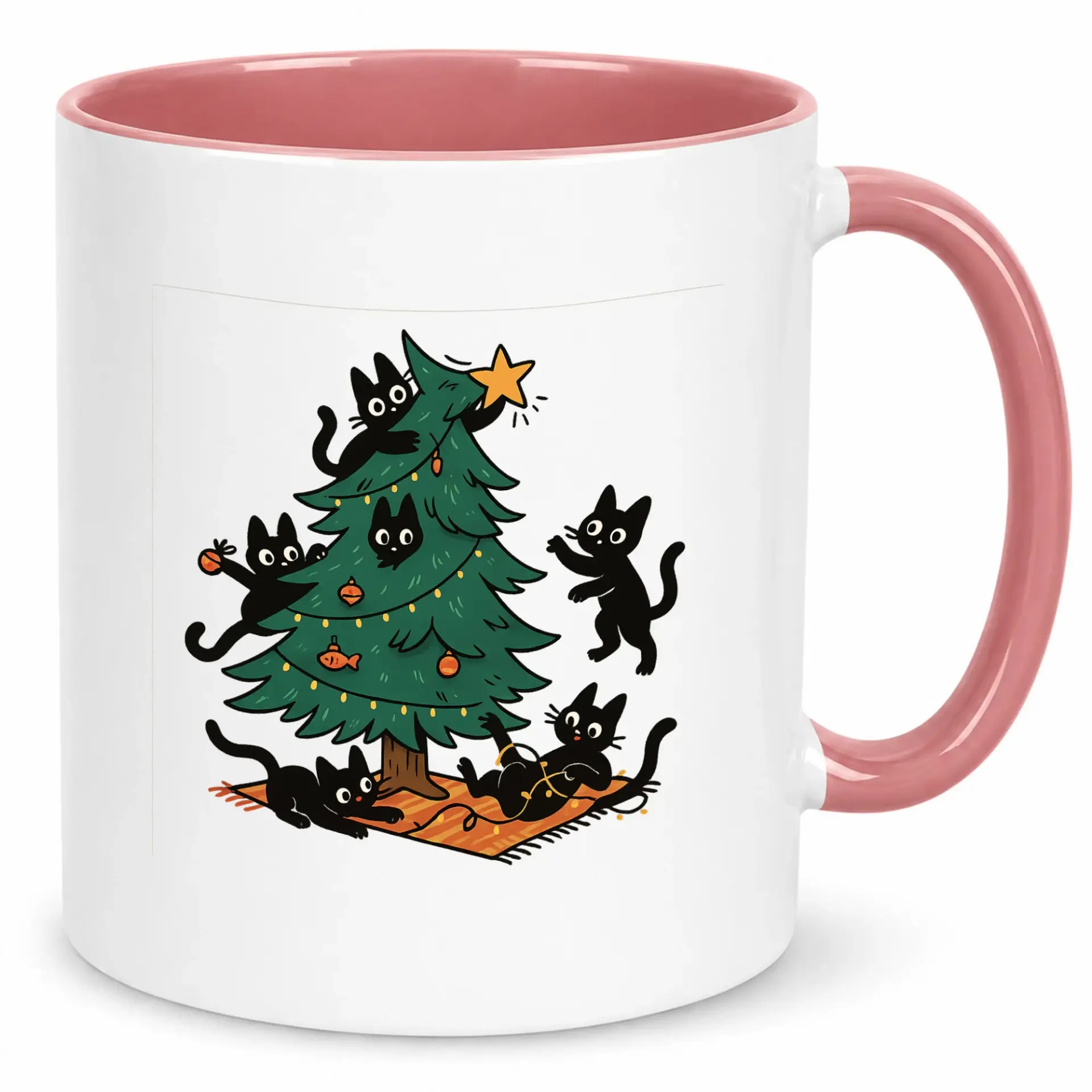 Funny Cat Christmas Coffee Mug, Cute Black Kittens Decorating Holiday Tree White Ceramic Beverage Cup Gift