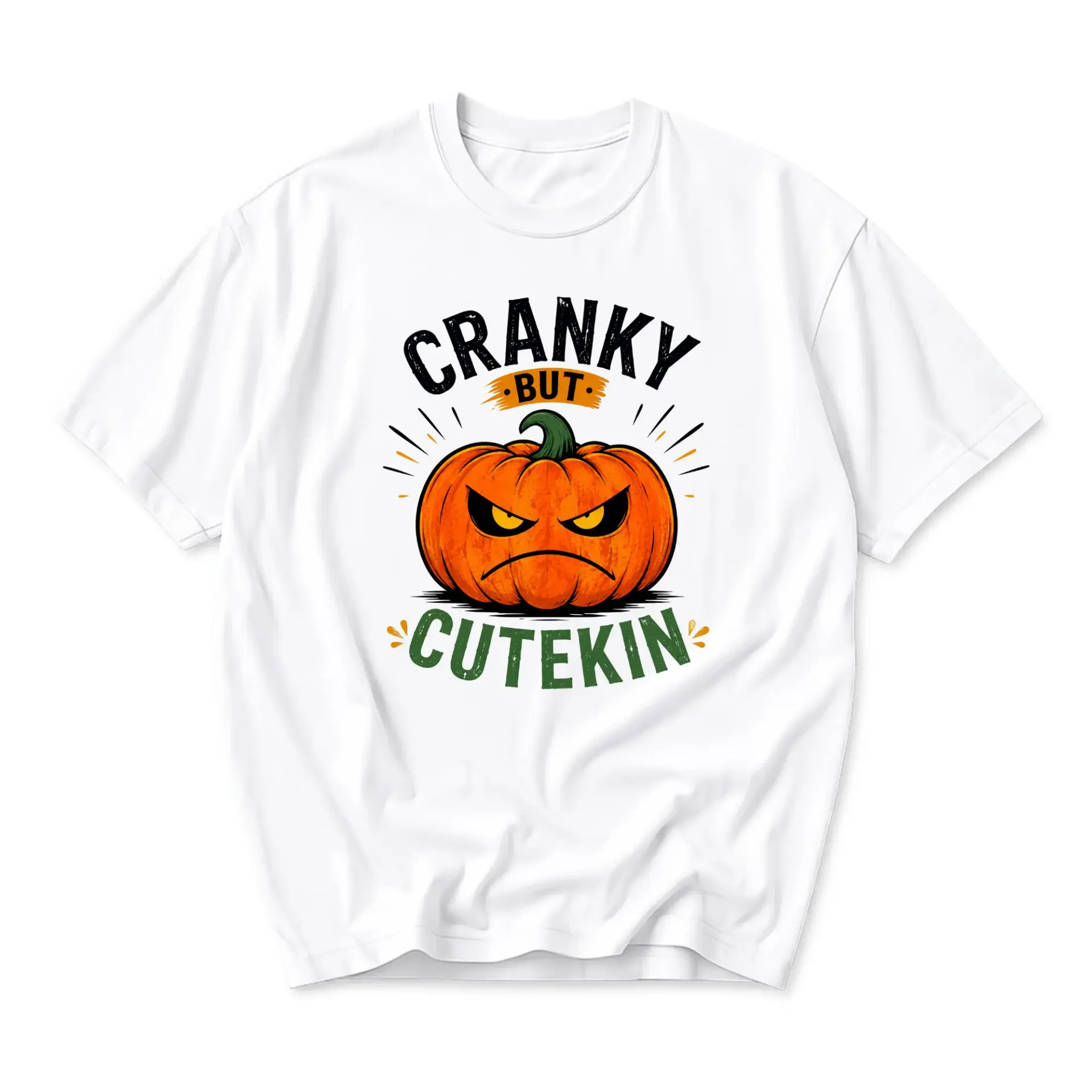 Funny Shirt Cranky but Cutekin Halloween Pumpkin Graphic Tee Casual Unisex Crew Neck Top for Everyday Outfit Wear