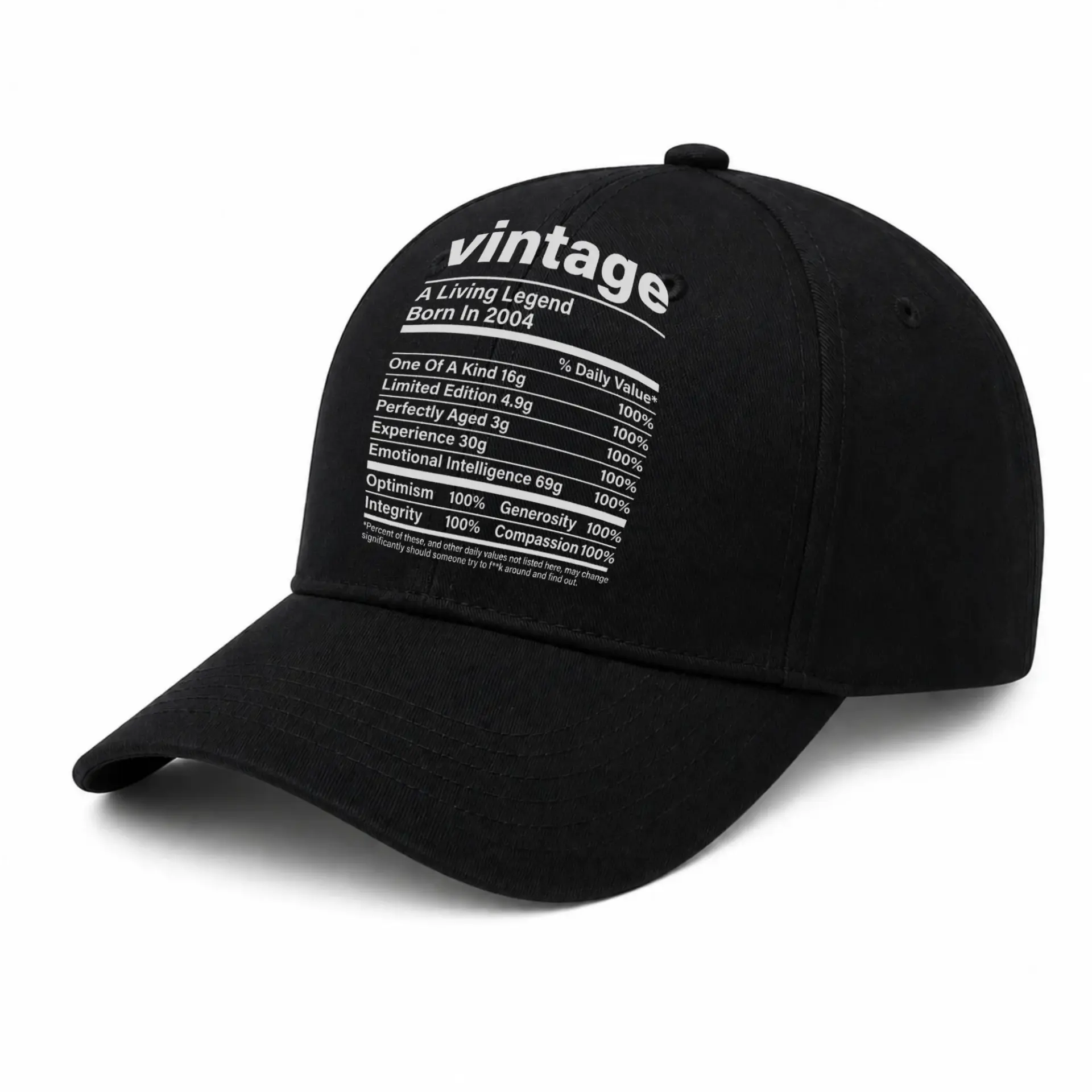 Baseball Cap Vintage Living Legend Born in 2004 Nutrition Label Style Hat