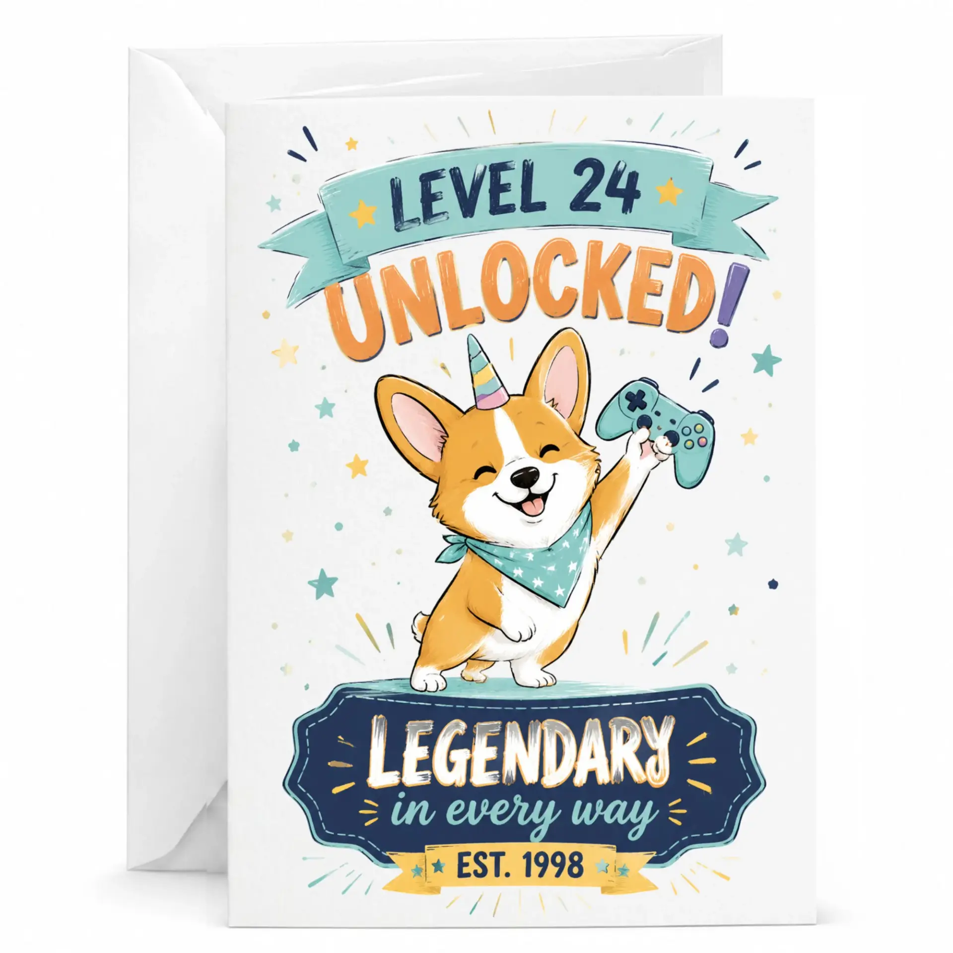 Birthday Card Level 24 Unlocked Funny Gaming Corgi Greeting Card with Envelope for Milestone Anniversary Celebration