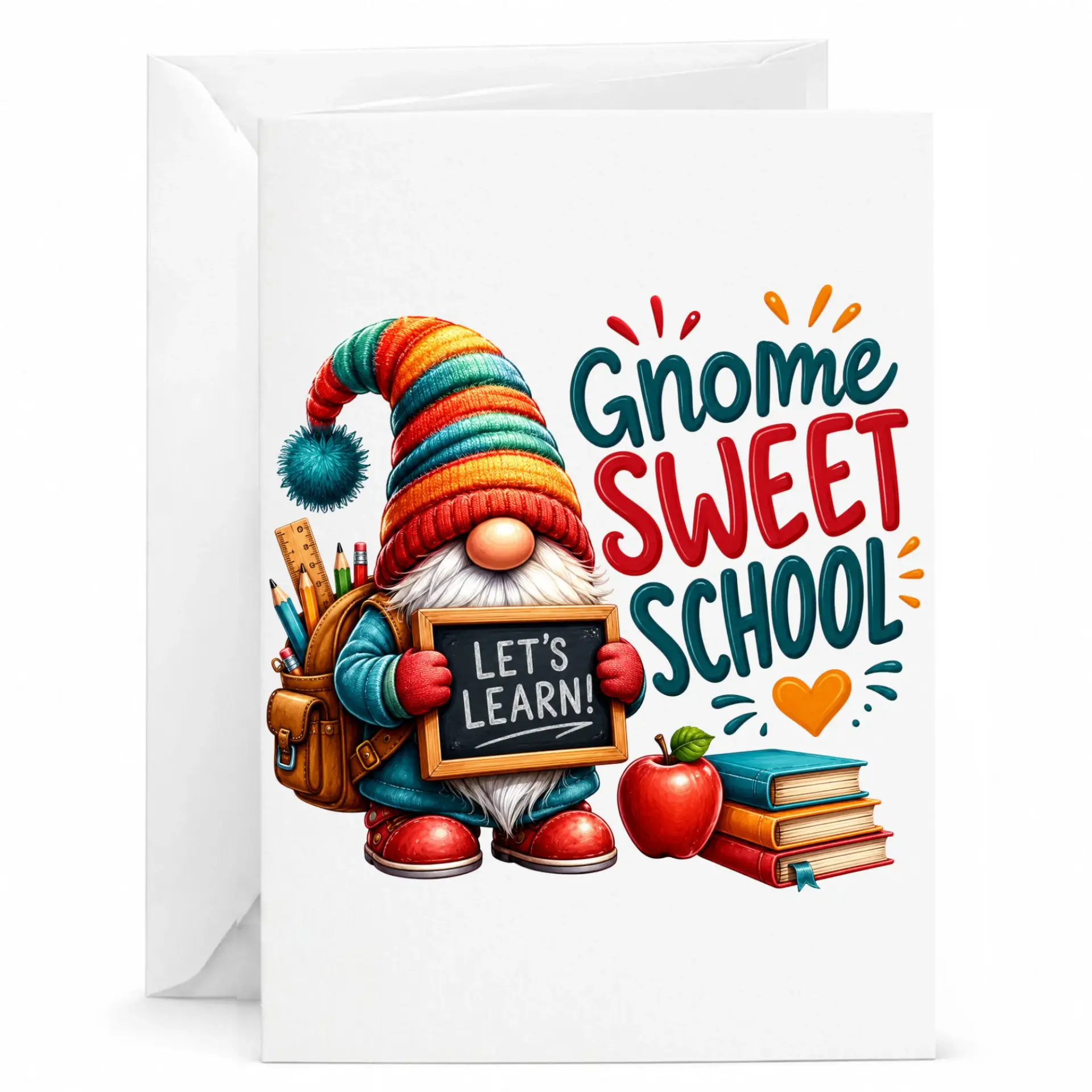 Funny Gnome Sweet School Greeting Card with Envelope for Encouragement and 5x7 Folded Note