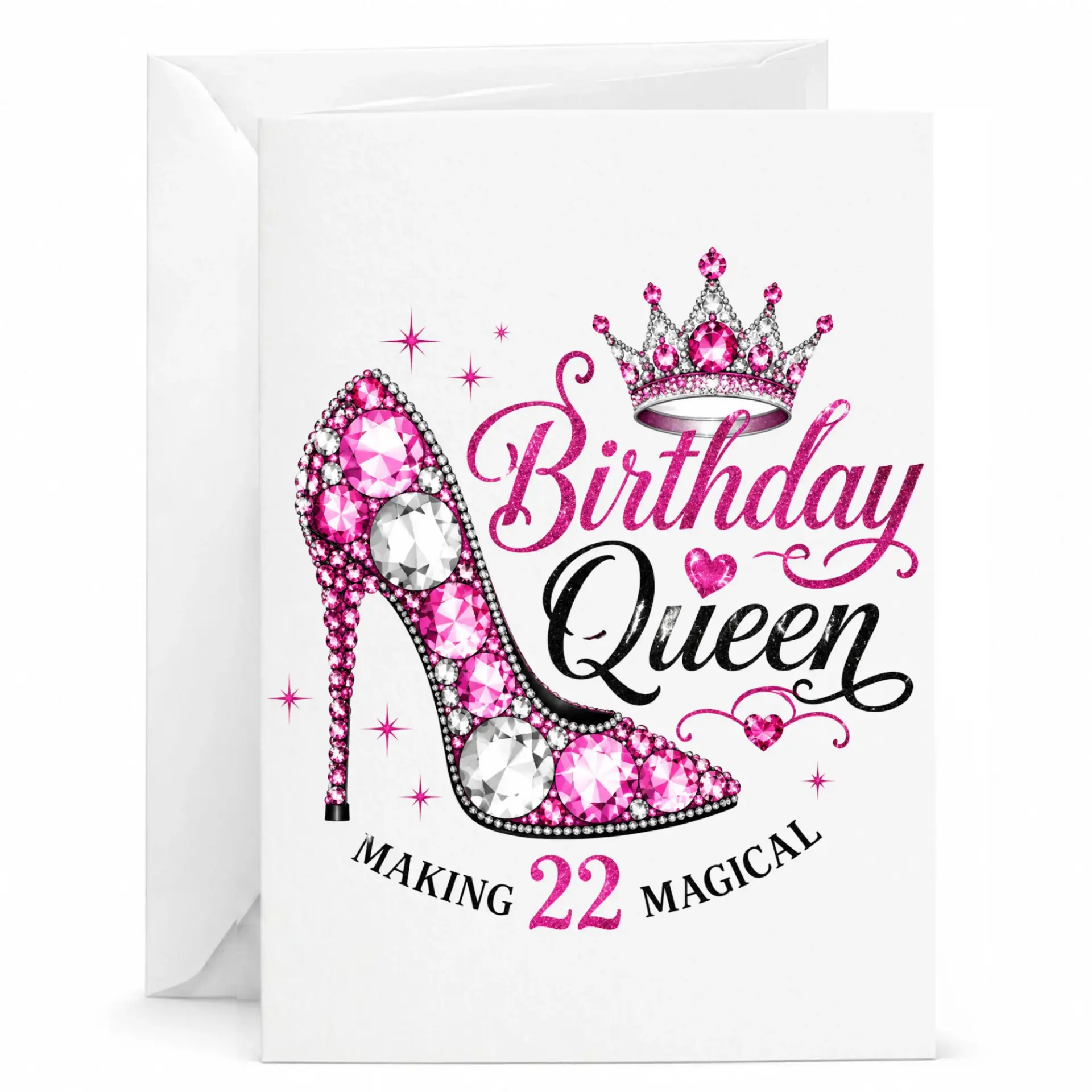 Birthday Queen 22nd Birthday Greeting Card, Funny High Heel Stiletto Shoe Illustration with Crown for 22 Year Old