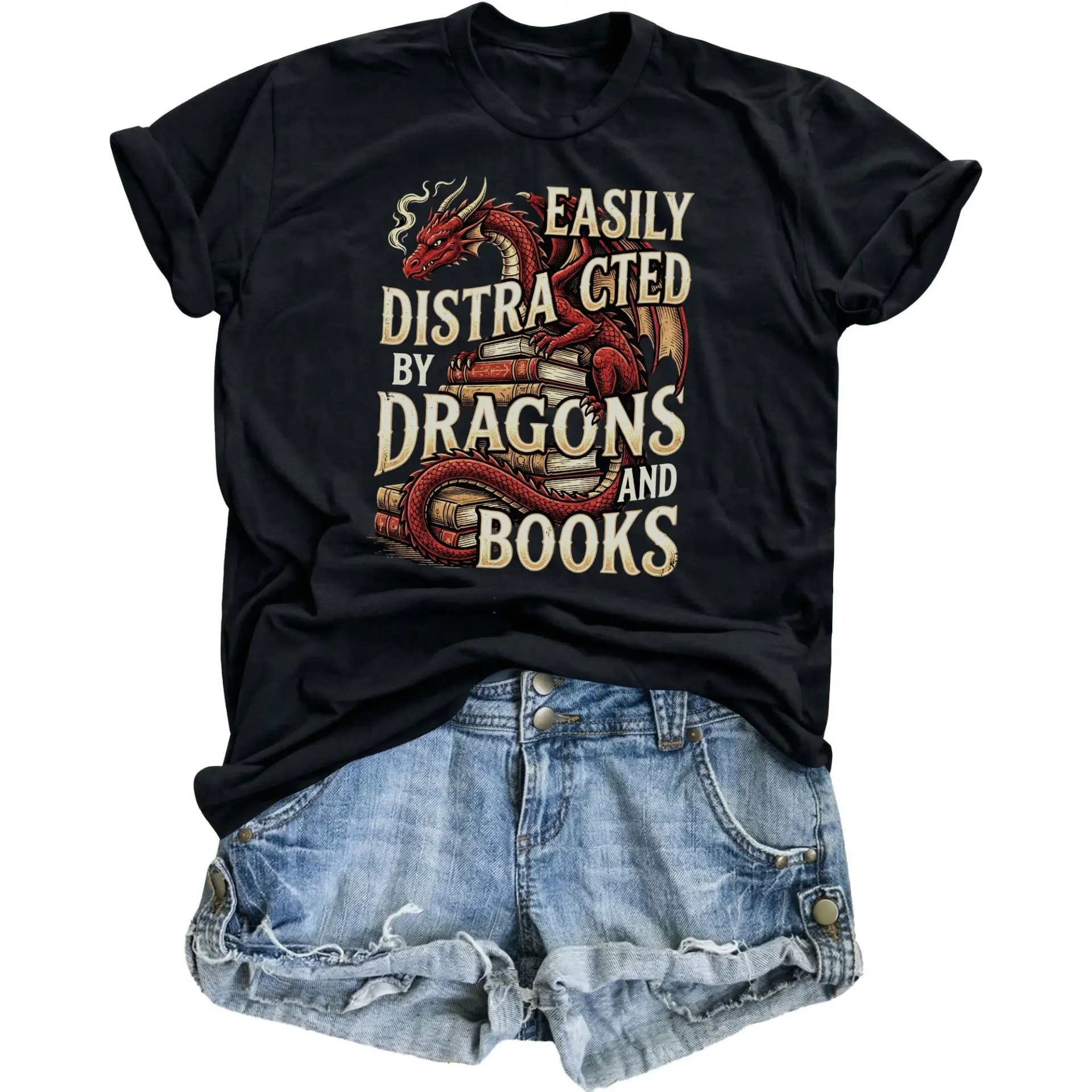 Funny Graphic Tee Easily by Dragons and Books Unisex Casual Crew Neck Soft Cotton Blend Everyday T-Shirt