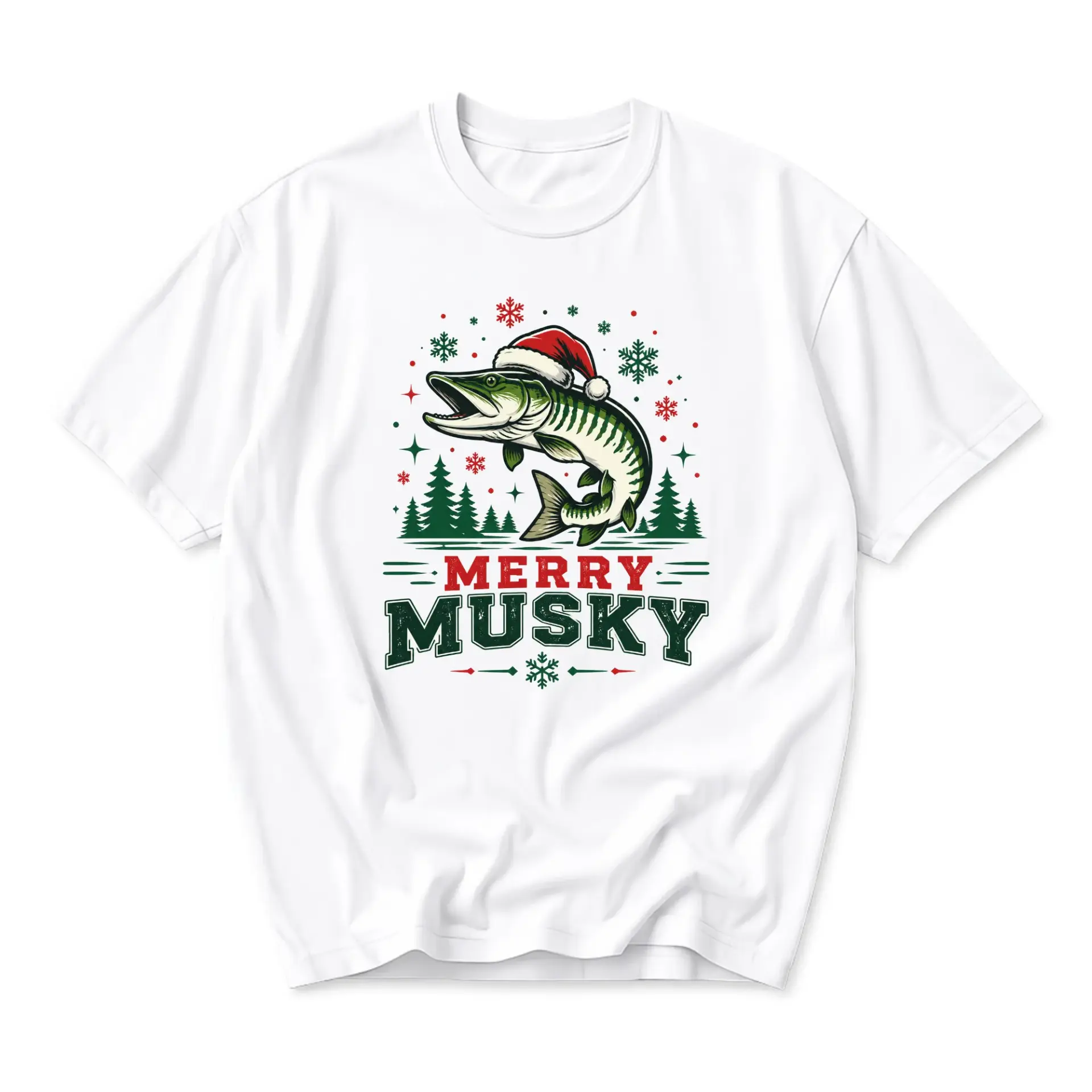 Funny Shirt Merry Musky Fishing Graphic Tee Unisex Holiday Season Casual Cotton Blend Crew Neck Short Sleeve Top