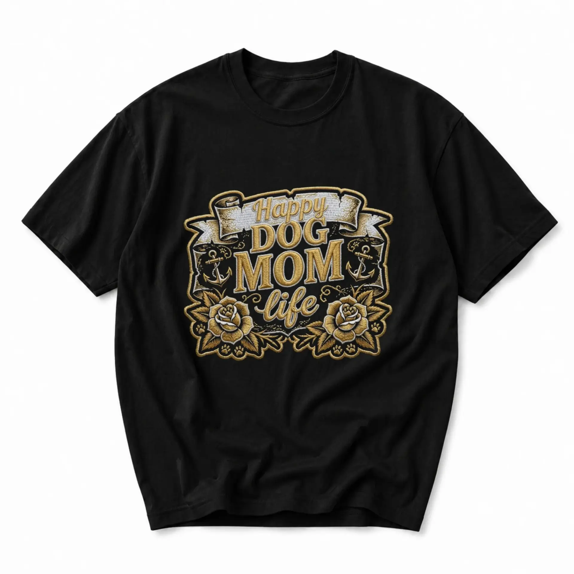 Graphic Tee Happy Dog Mom Life Shirt Nautical Floral Design Unisex Casual Crew Neck Apparel for Pet Lovers and Owners