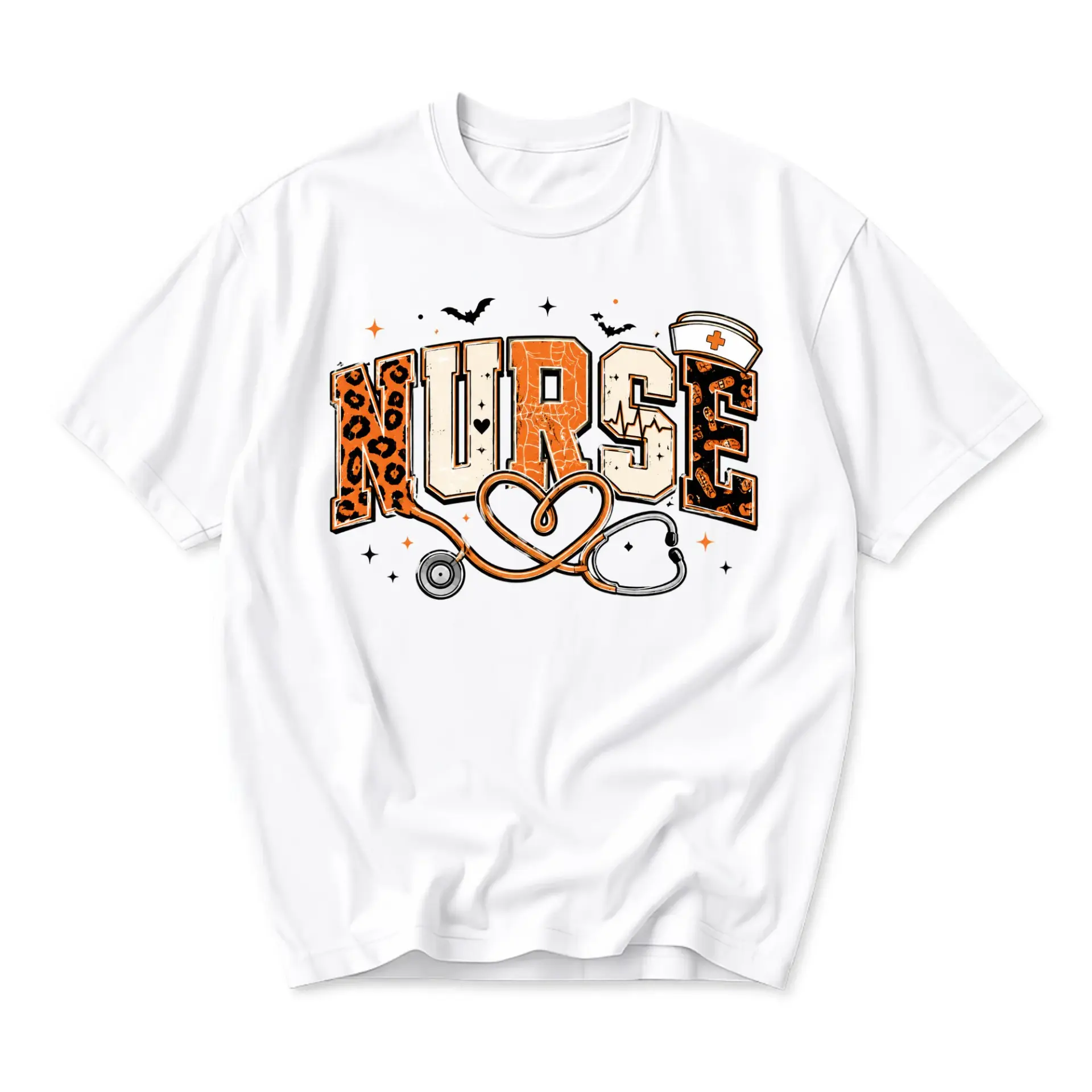 Graphic Tee Nurse Halloween Themed Shirt Featuring Stethoscope Heart Design on a Comfortable Unisex Crew Neck Cotton Top
