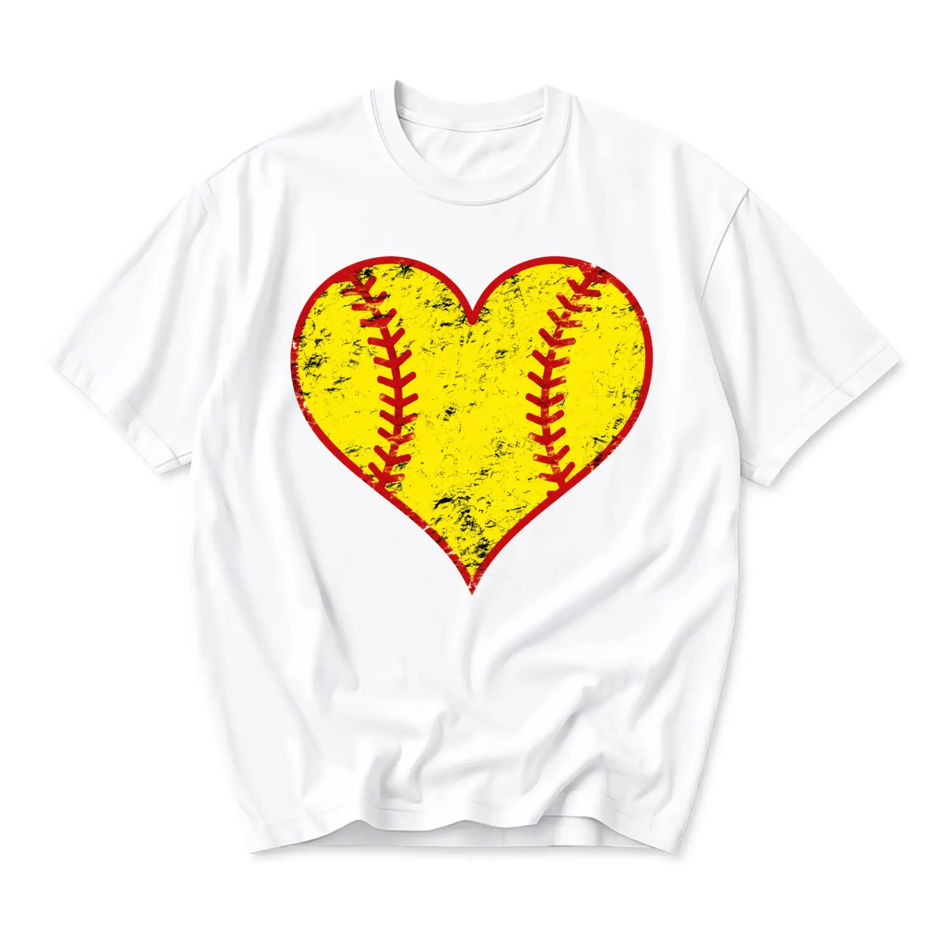 Graphic Tee Softball Heart Print Unisex Crew Neck Shirt Casual Short Sleeve Top for Sports Enthusiasts White Cotton