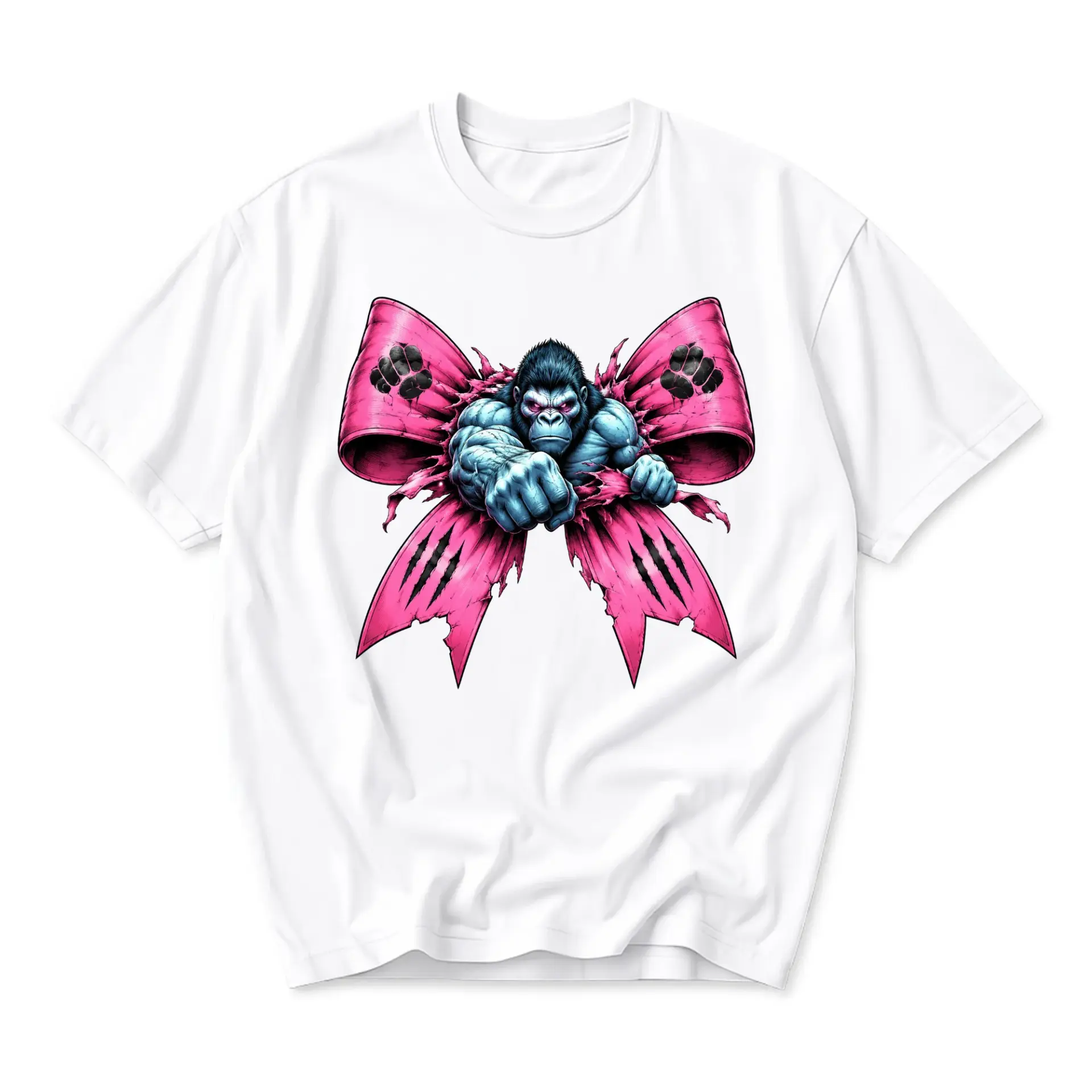 Graphic Tee Unisex Crew Neck T-Shirt Featuring a Muscular Gorilla Ripping Through a Pink Bow Design for Casual Wear