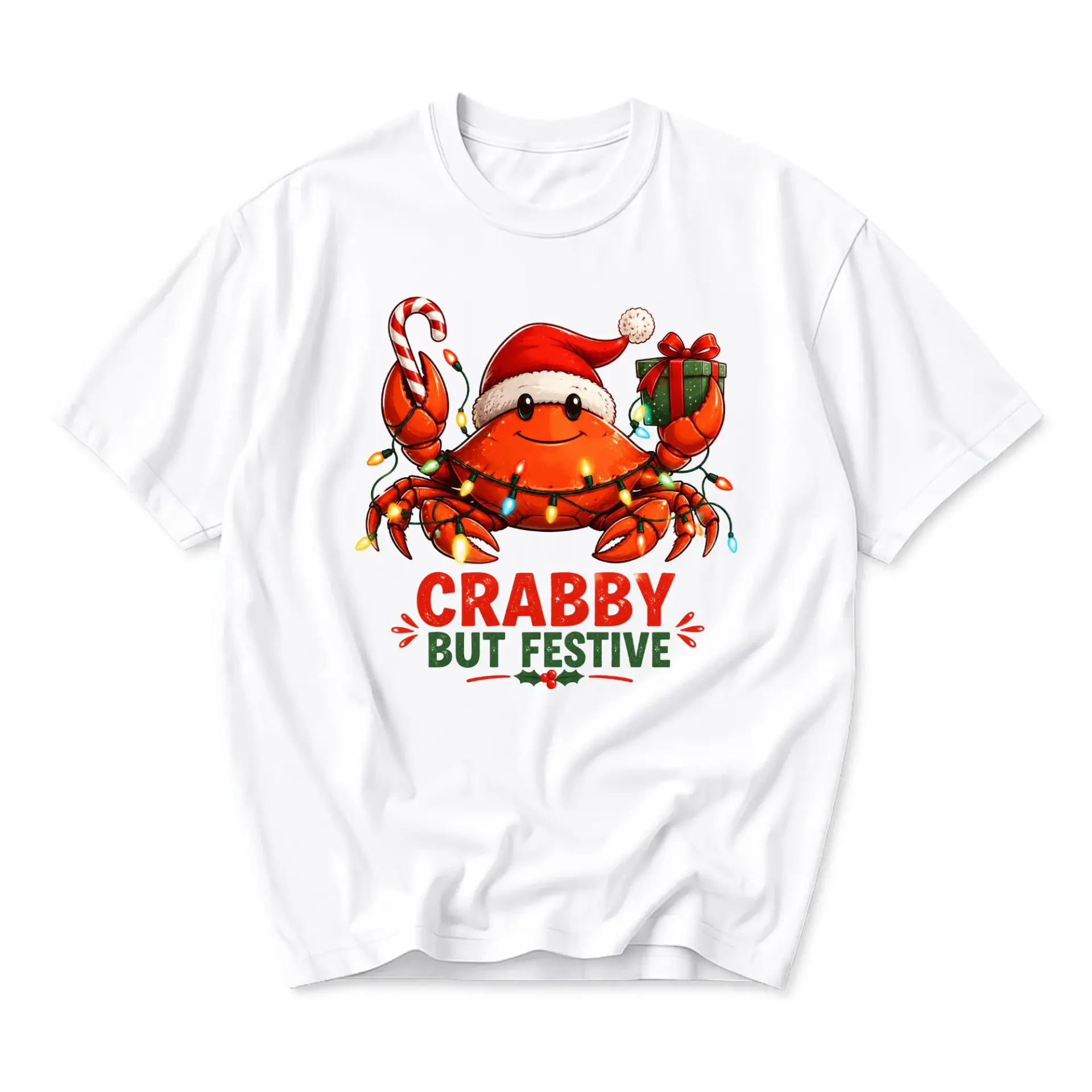 Funny Shirt Crabby but Festive Christmas Graphic Tee Unisex Crew Neck Short Sleeve Holiday Apparel for Casual Wear