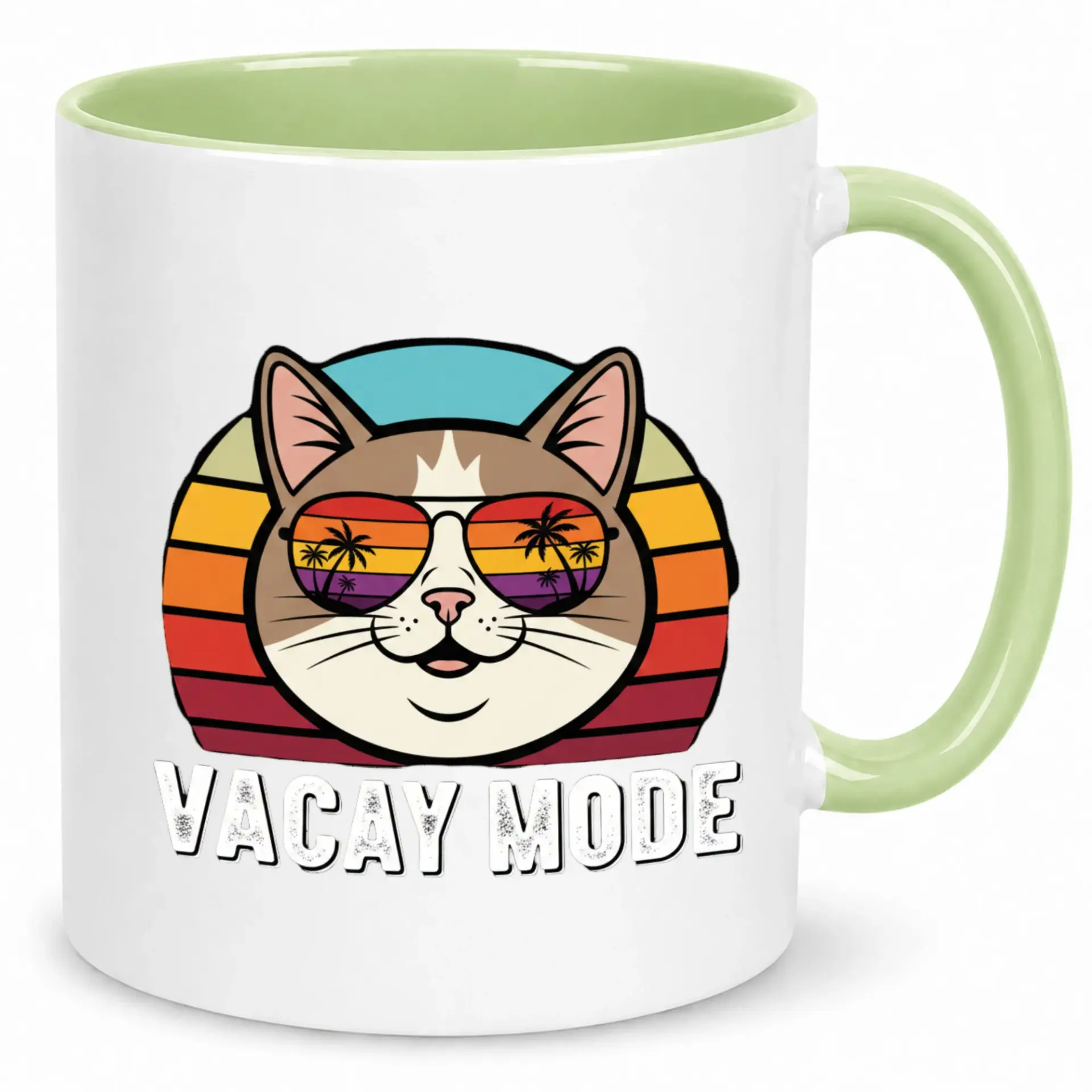 Funny Cat Coffee Mug with Retro Sunset Sunglasses Design, 'vacay Mode' Ceramic Beverage Cup for Summer Enthusiasts and Pet Lovers, 11oz or 15oz