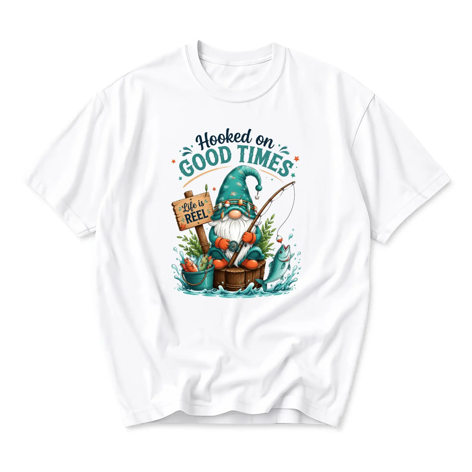 T-shirt Graphic Tee on Good Times Fishing Gnome Design Unisex Casual Cotton