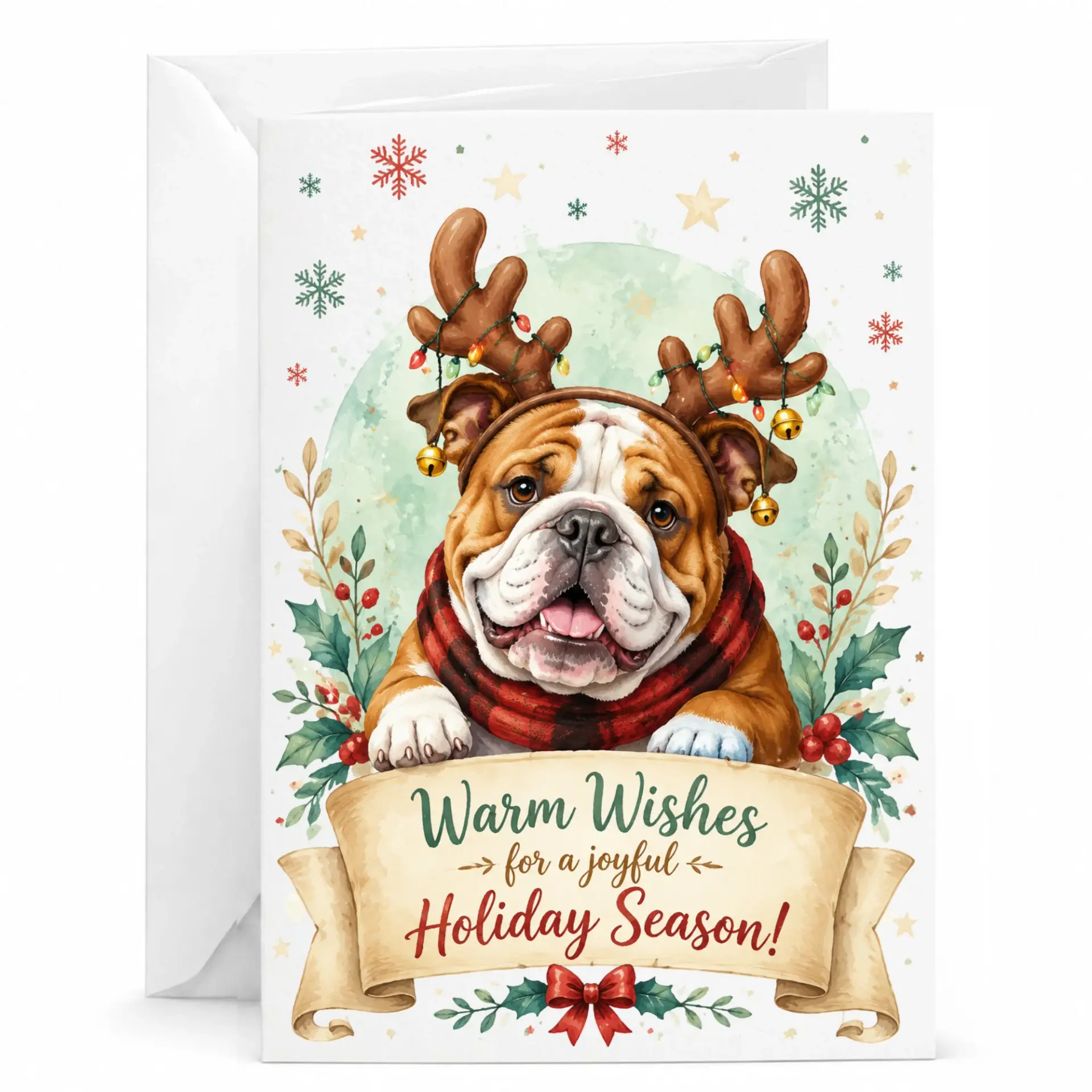 Holiday Greeting Card Featuring Cute Bulldog with Reindeer Antlers and Festive Scarf Warm Wishes Seasonal Stationery