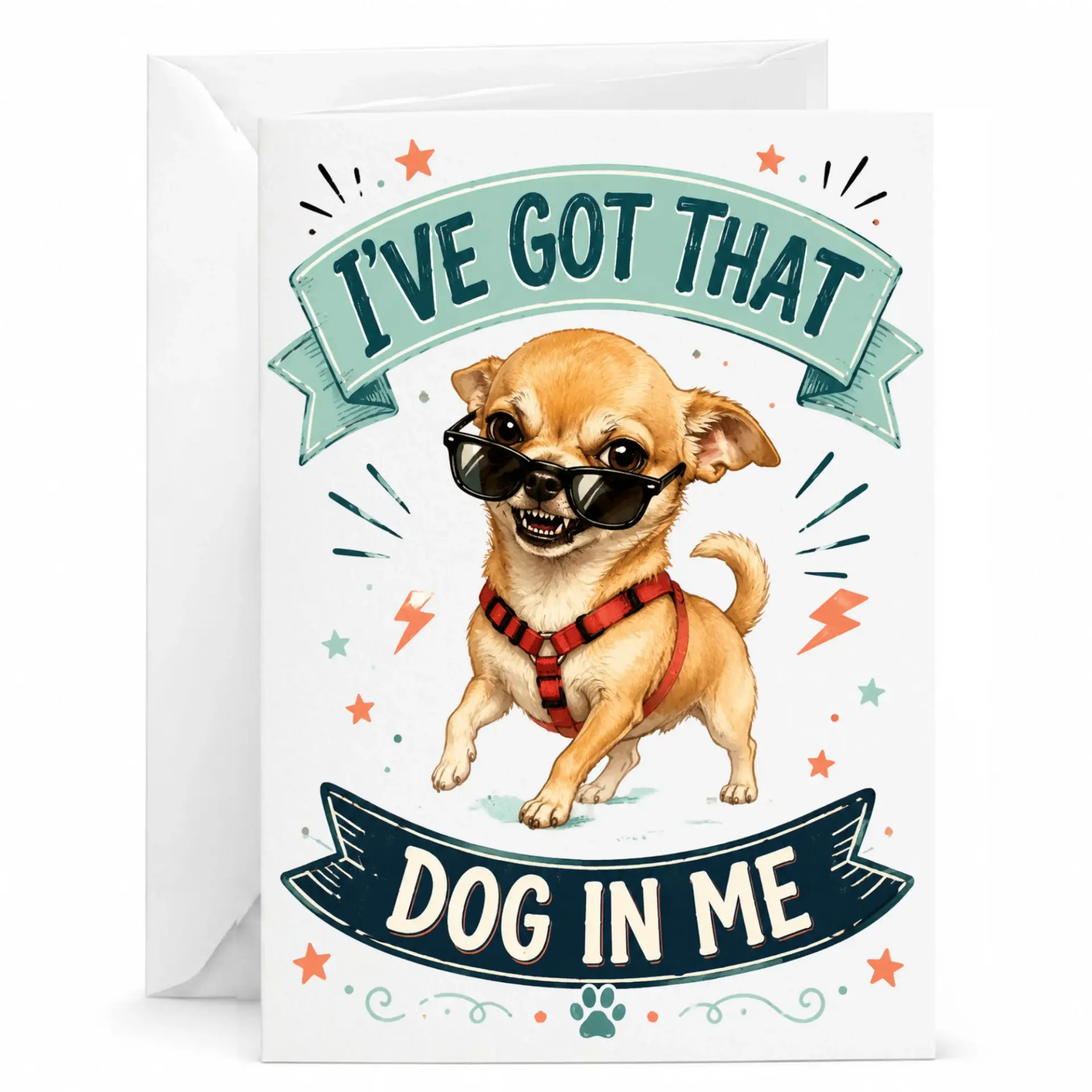 Funny Dog Greeting Card for Friends and Family Featuring a Cool Chihuahua with Sunglasses Red Harness Design