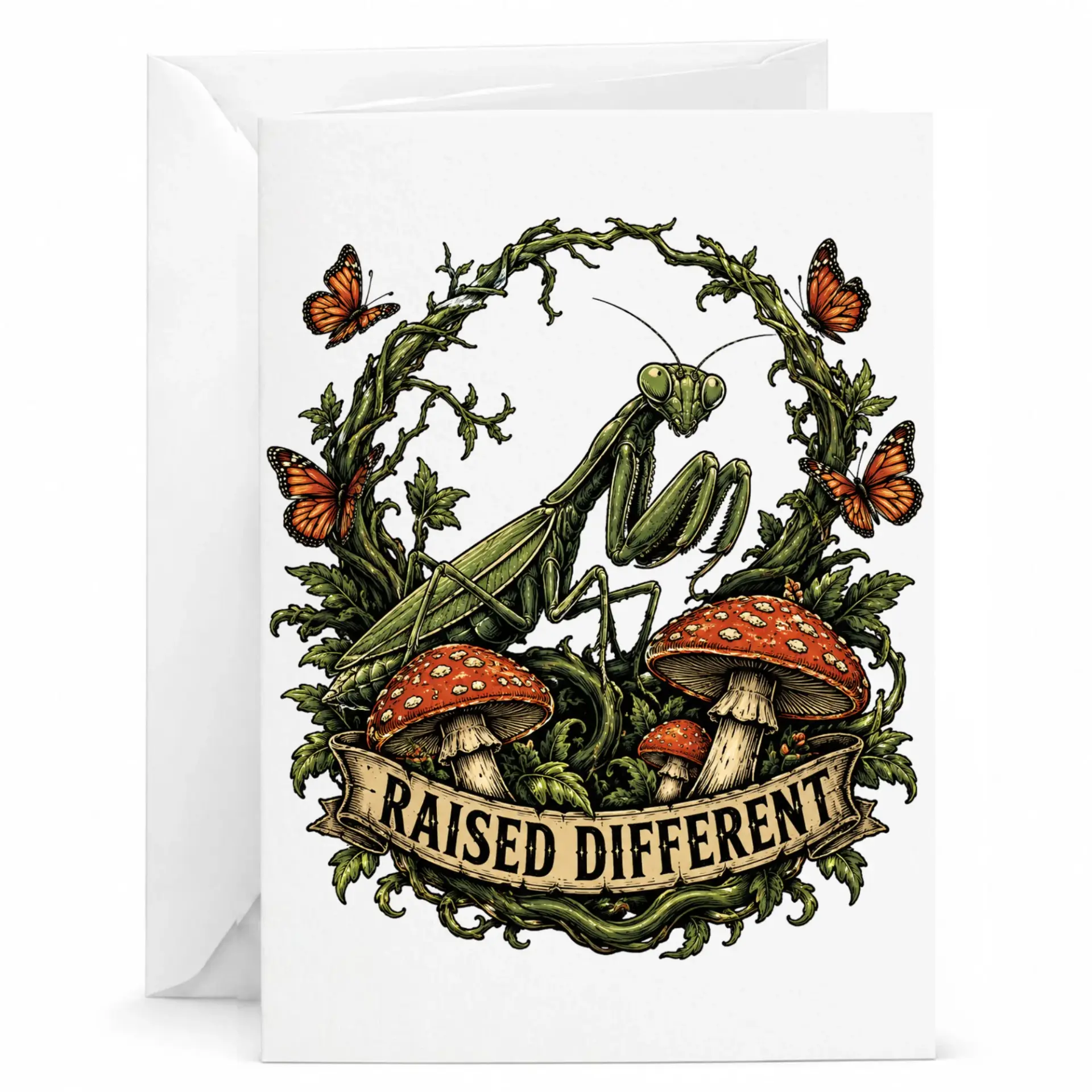 Greeting Card Raised Different Mantis and Mushroom Illustration Nature Themed Stationery Note for Personal Use