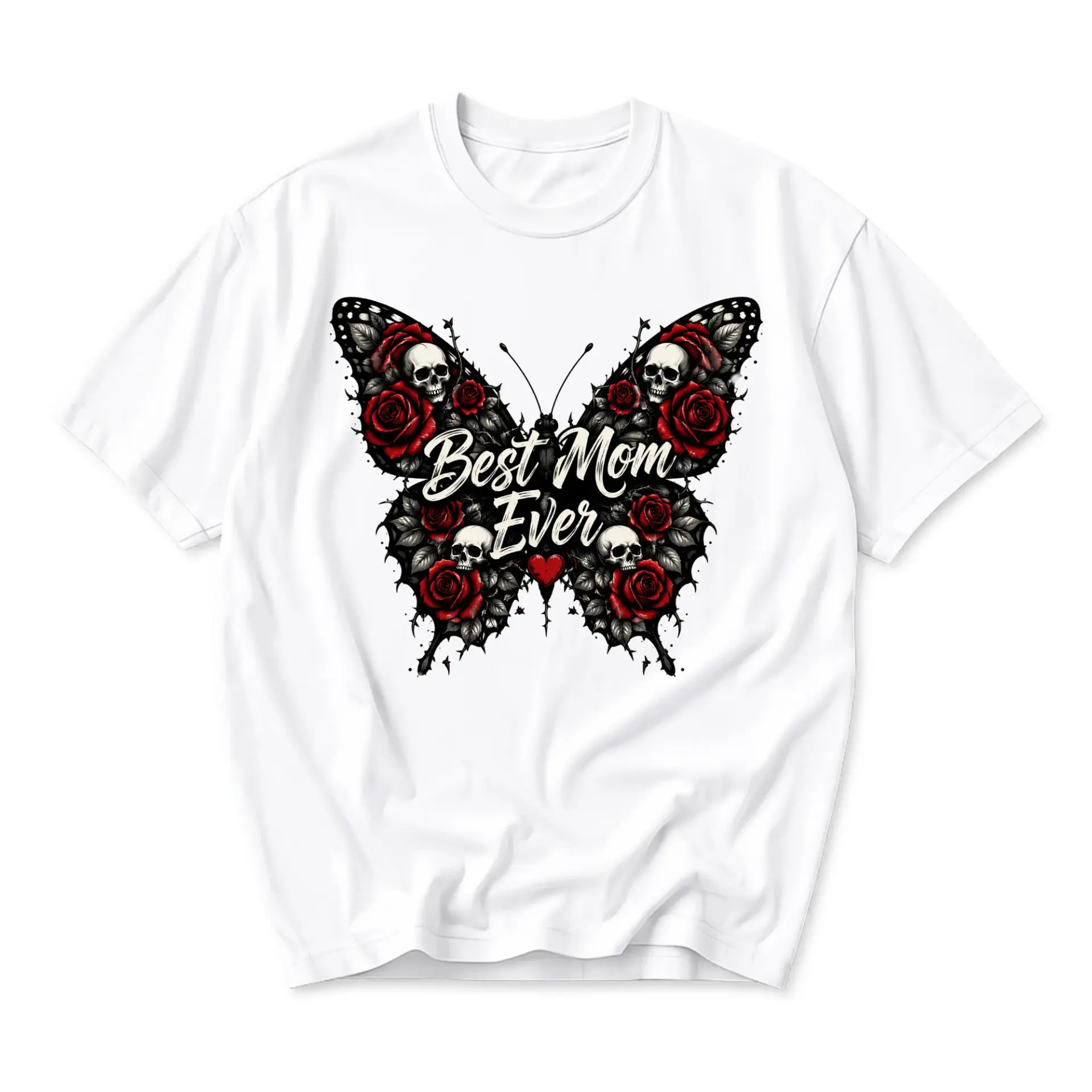 T-shirt Best Mom Ever Gothic Butterfly Skull Rose Graphic Tee Unisex Casual Crew Neck Comfortable Cotton Blend Shirt