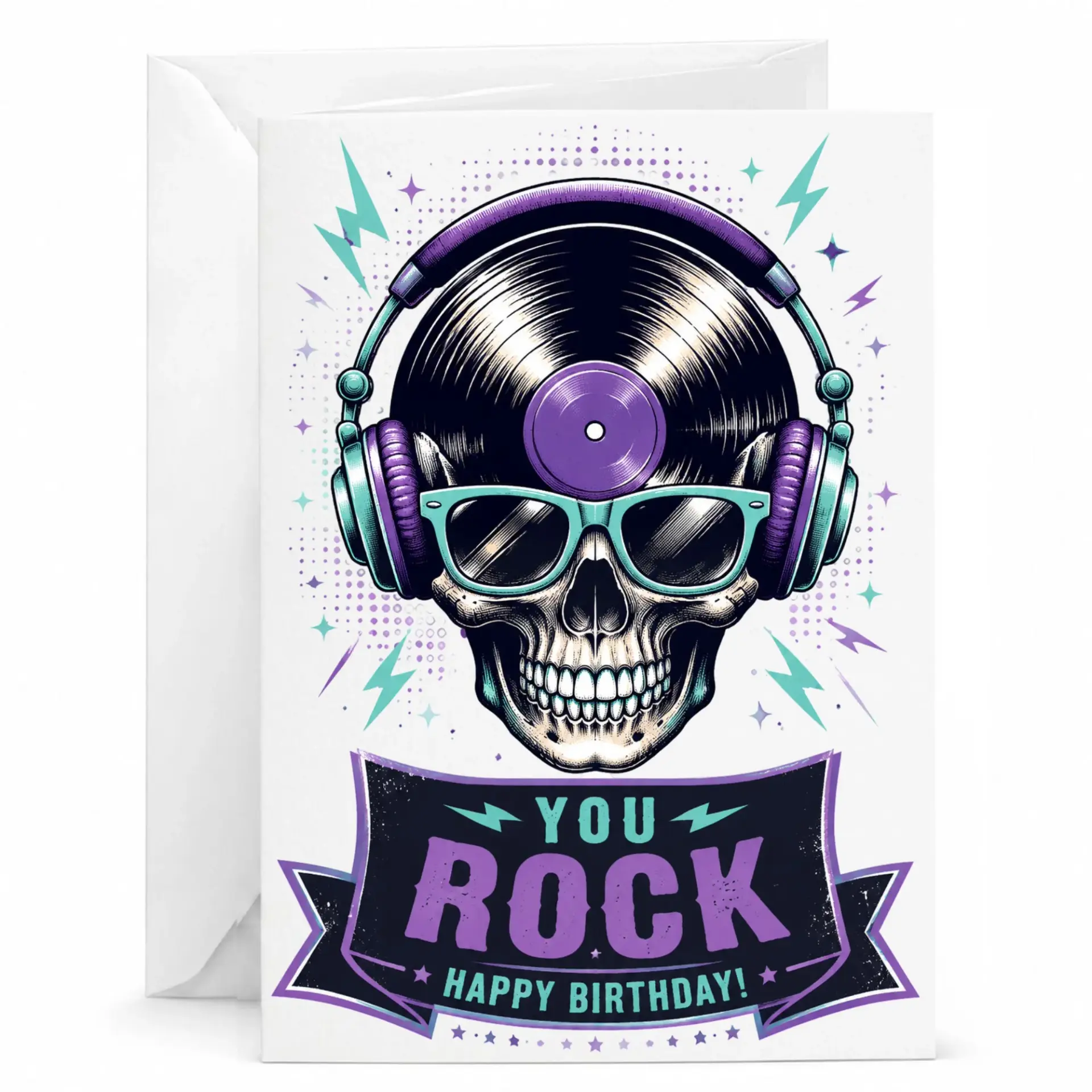 Birthday Card You Rock Music Theme Greeting with Skull Wearing Headphones and Sunglasses Design for Lovers