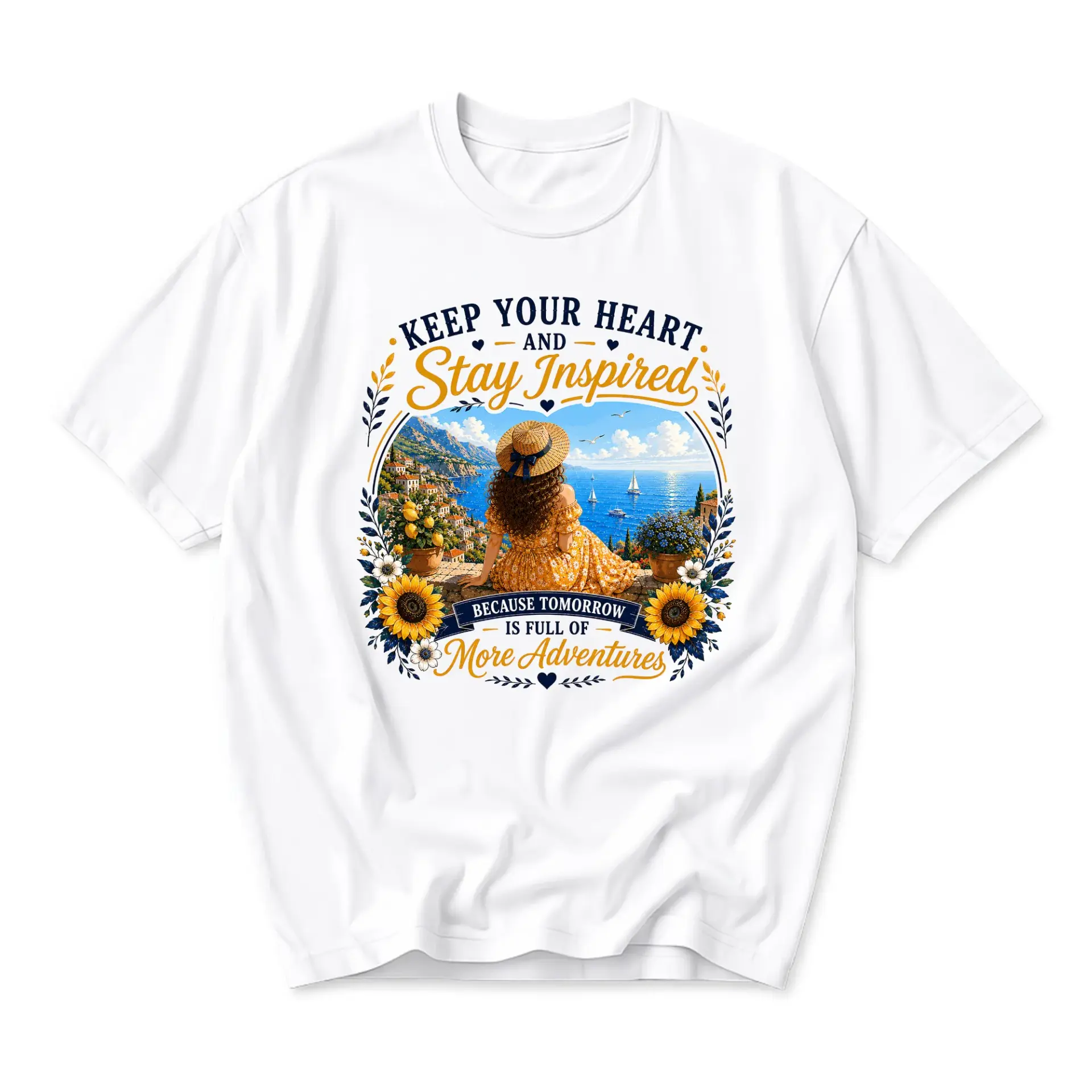 Graphic Tee Keep Your Heart and Stay Inspired Coastal Summer Adventure Illustration Unisex Crew Neck Cotton Shirt
